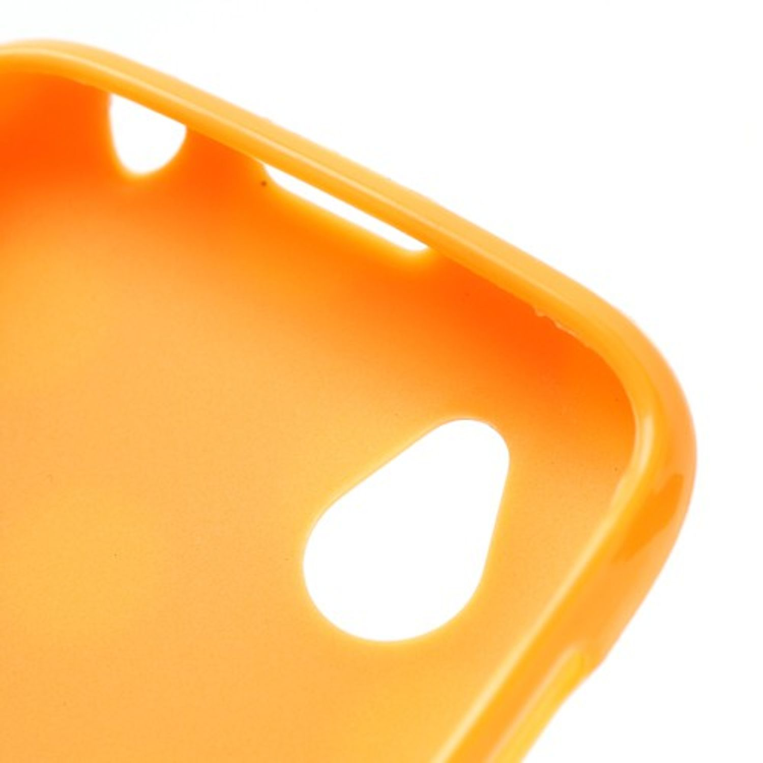 Nahaufnahme des Inneren einer orangefarbenen Handyhülle, die Form zeigend.