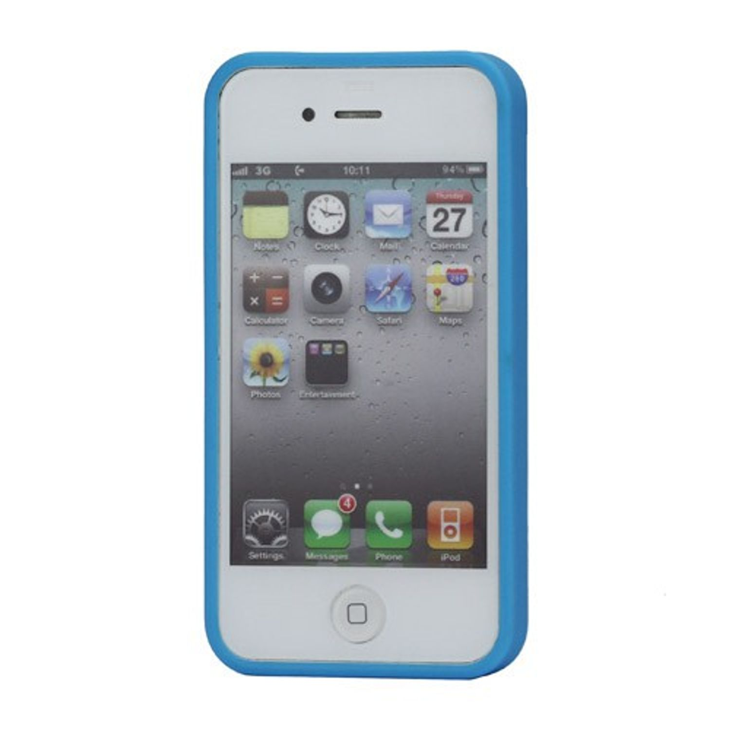Weißes iPhone in blauem Gehäuse. Der Bildschirm zeigt Apps.