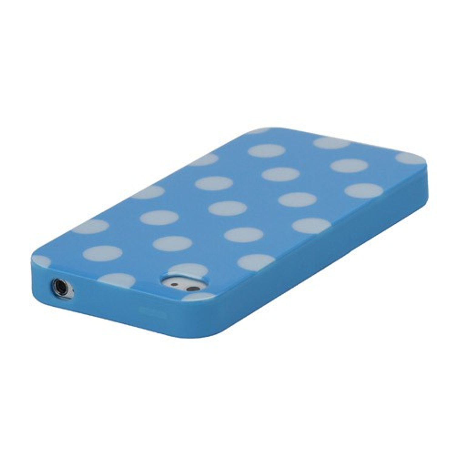 Blaue Handyhülle mit weißen Polka Dots, schräge Ansicht.
