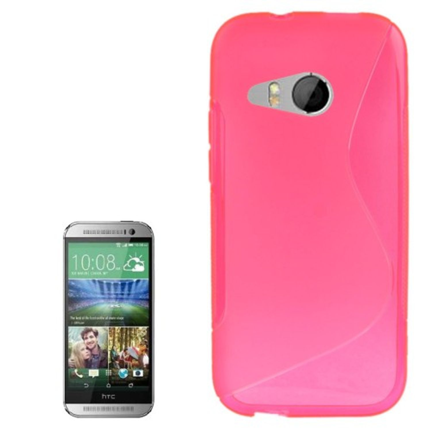 Pinkes Telefon und rote Handyhülle. Weißer Hintergrund.