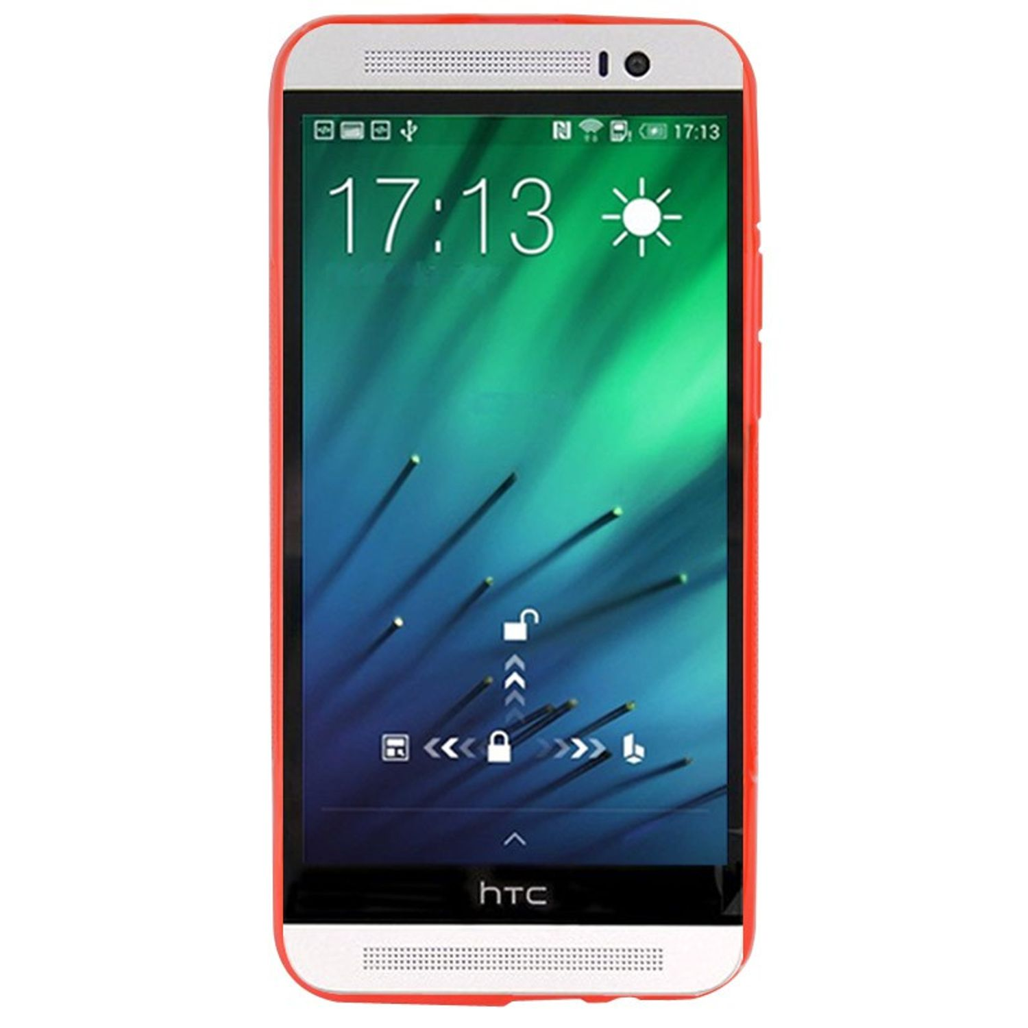 Ein rotes und weißes HTC-Telefon. Der Bildschirm zeigt 17:13 und ein Sonnensymbol. Der Hintergrund ist grün.