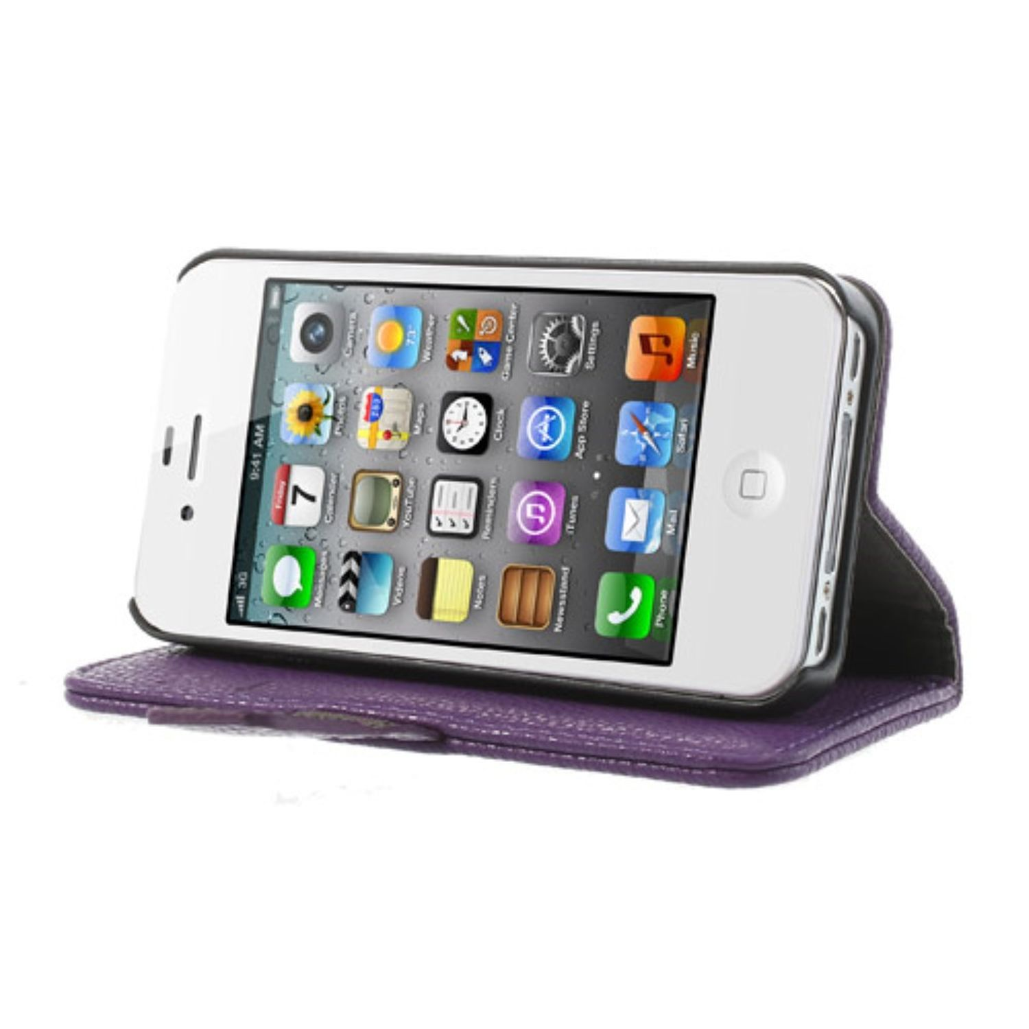 Weißes iPhone in lila Lederhülle. Die Hülle ist geöffnet.
