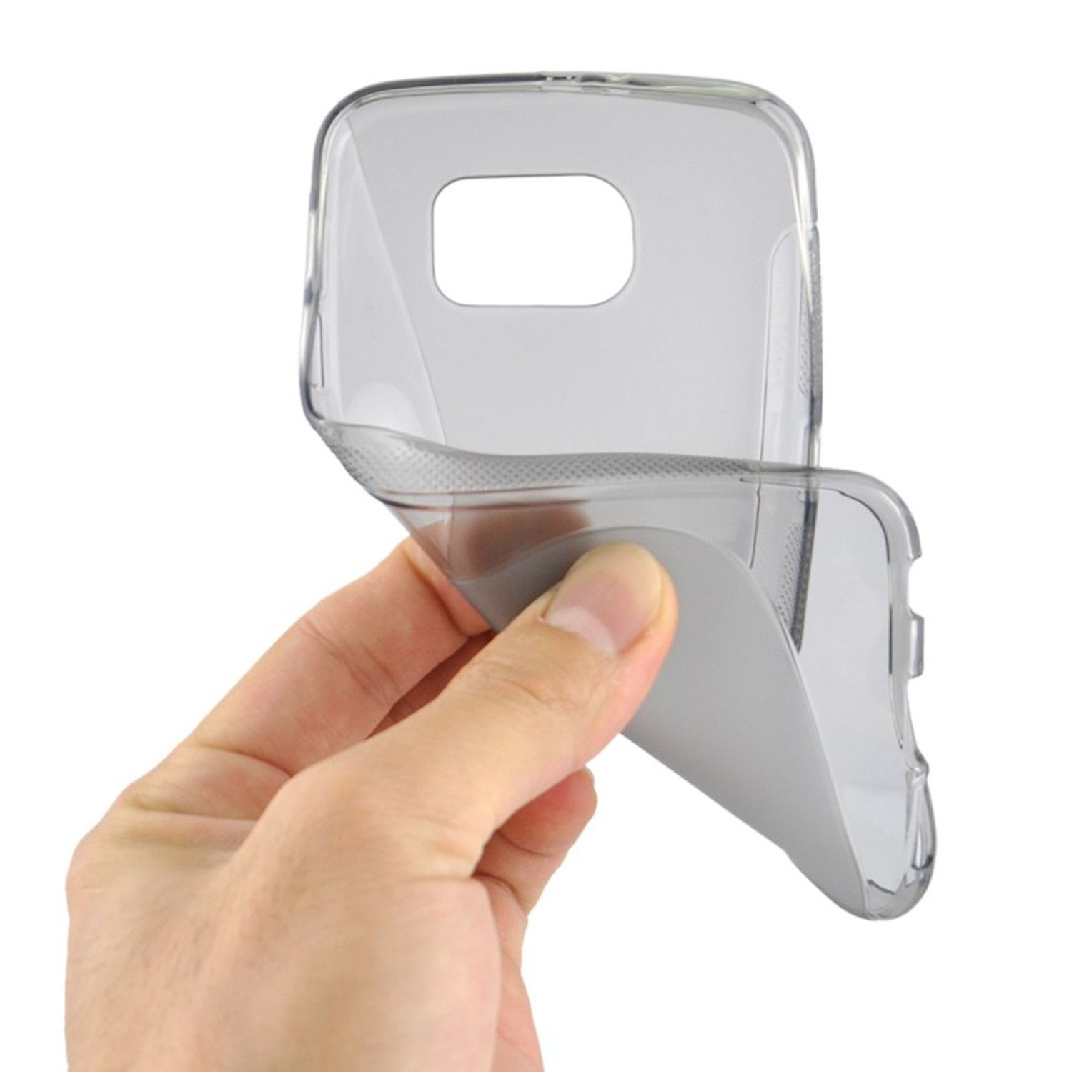 Eine Hand hält eine teilweise geöffnete, transparente Handyhülle.