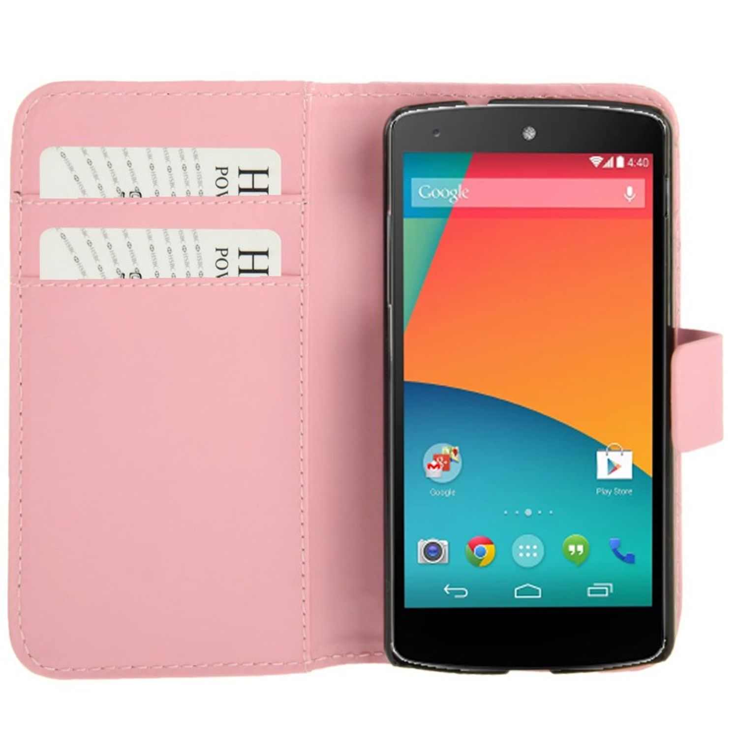 Rosa Handyhülle mit einem Handy. Zwei Karten links. Das Handy zeigt Google.