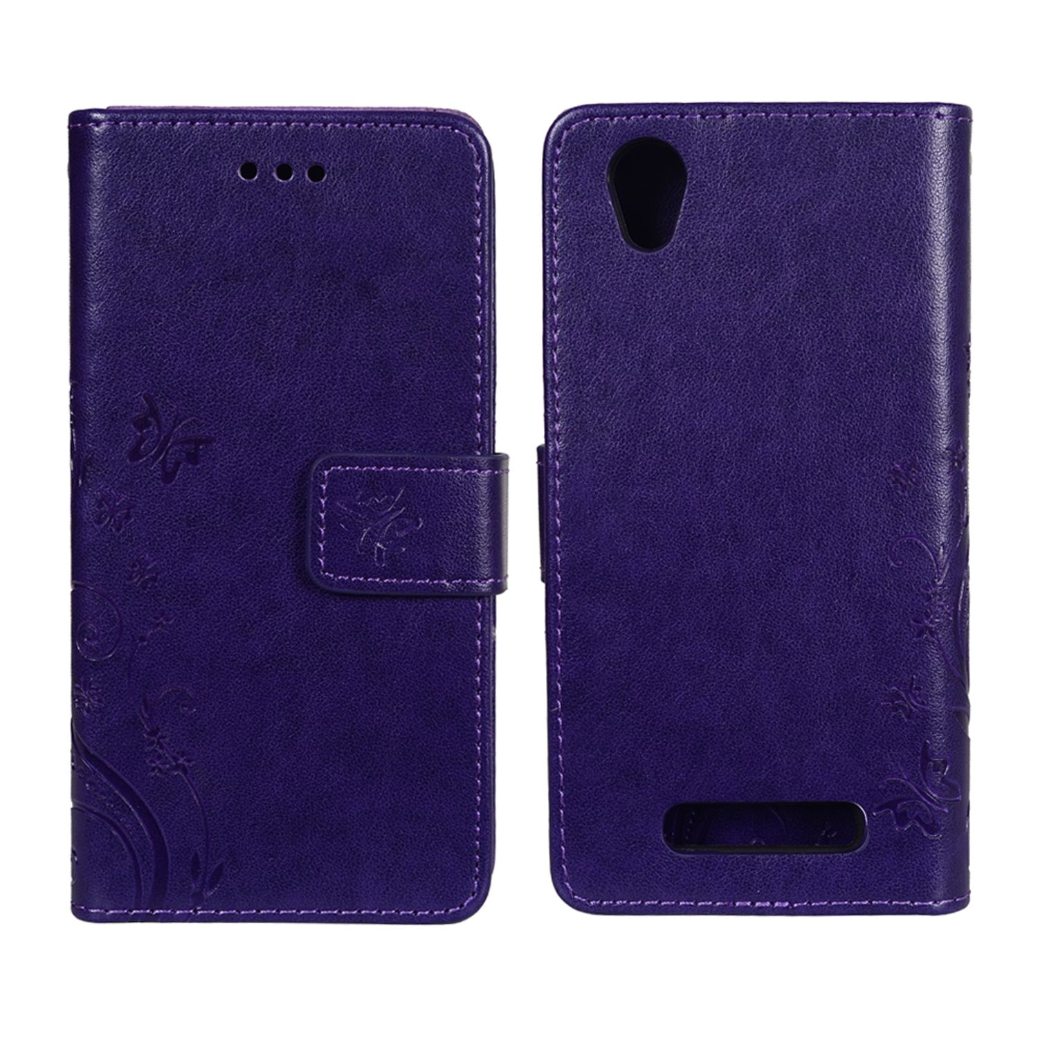 Violette Handyhülle, offen, mit Schmetterlingsdesign, auf weißem Hintergrund.