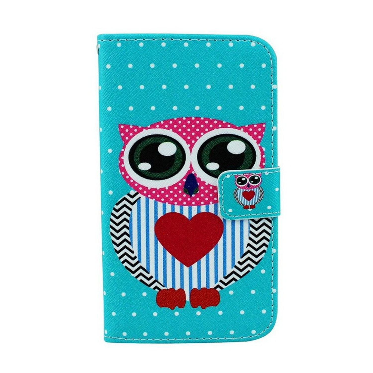 Eine blaue Handyhülle mit einem Eulen-Design. Die Eule hat große Augen, ein Herz und Punkte.