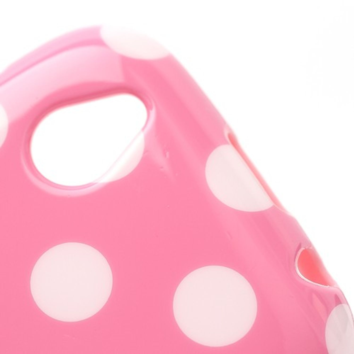 Pinke Handyhülle mit weißen Punkten. Eckansicht. Die Hülle ist reflektierend.