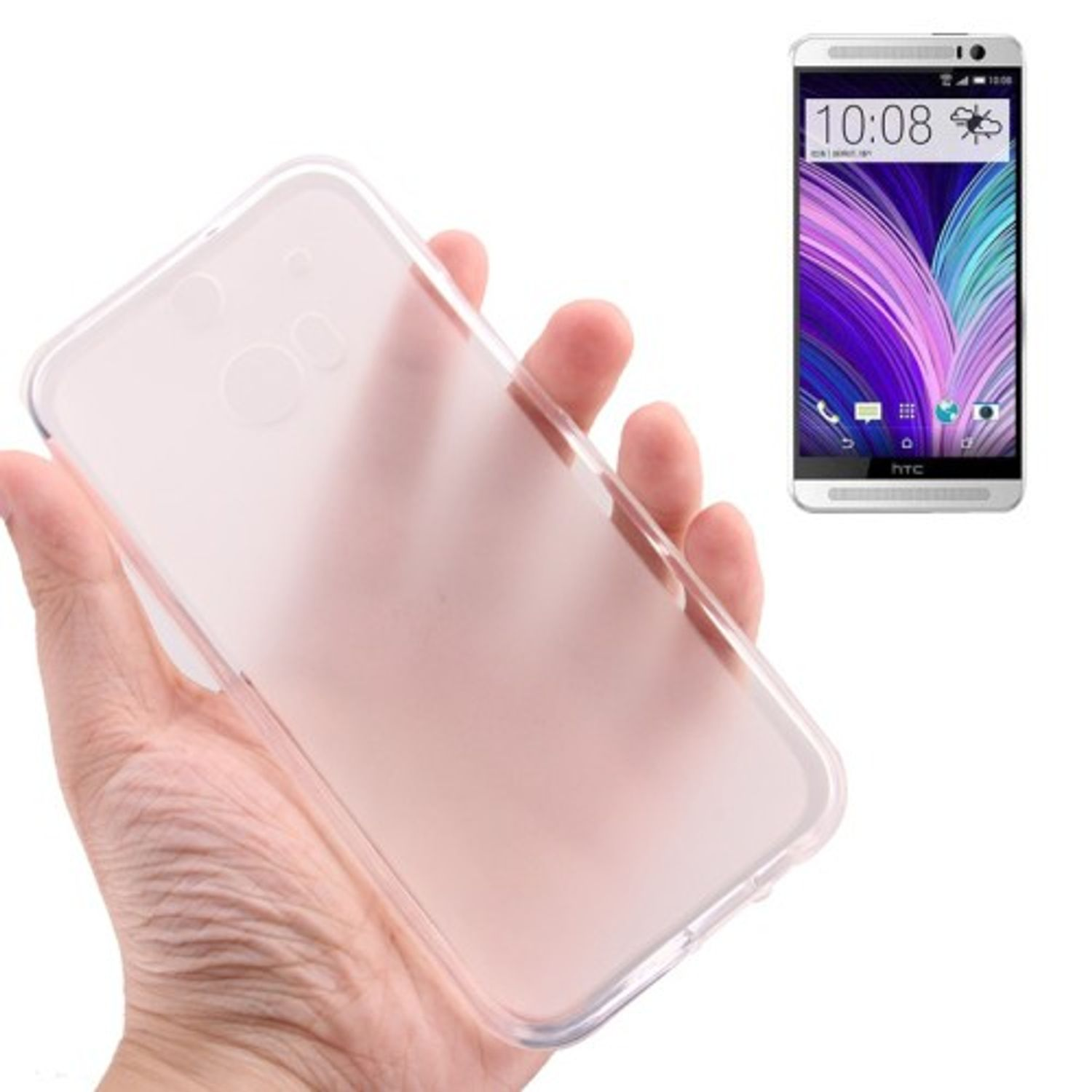 Eine transparente Handyhülle in einer Hand, neben einem Telefon mit farbenfrohem Bildschirm.