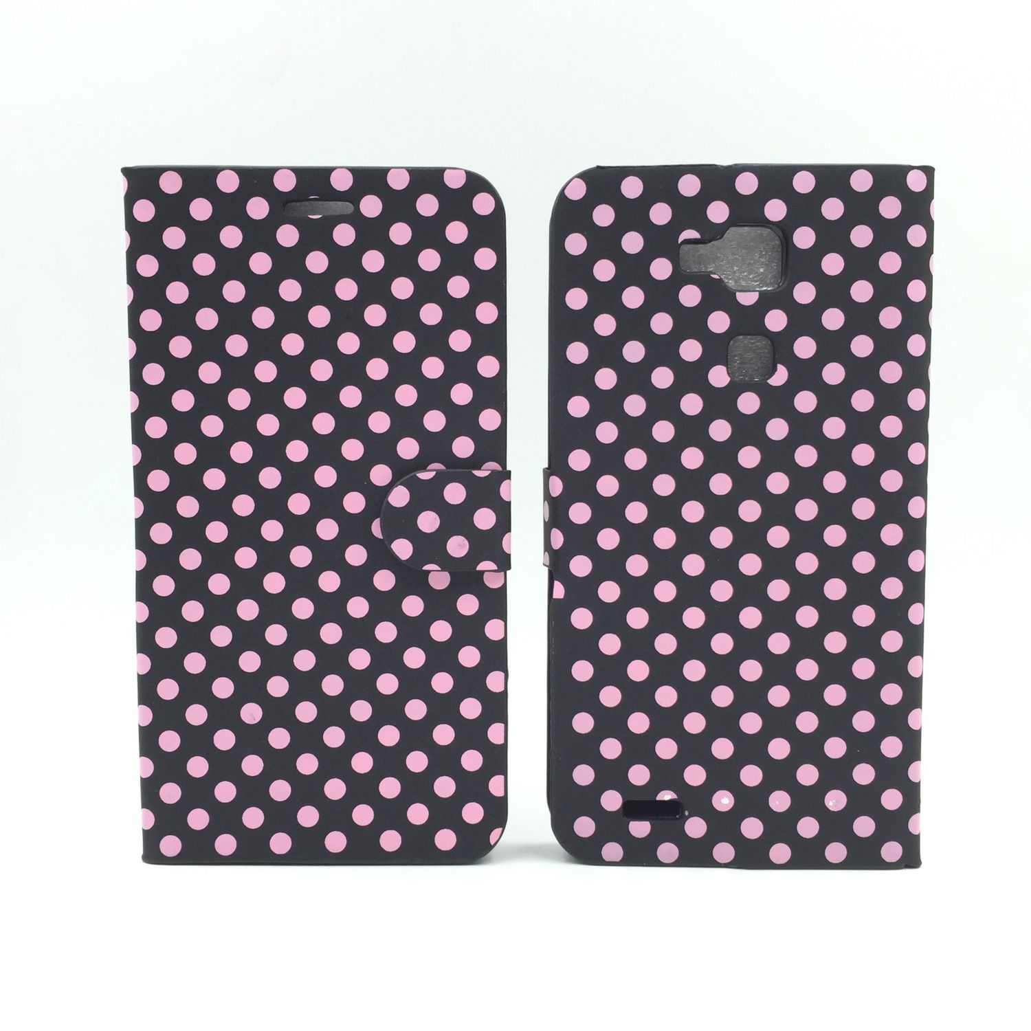 Schwarze Handyhülle mit rosa Tupfen. Abdeckung ist geöffnet und zeigt das Telefon.