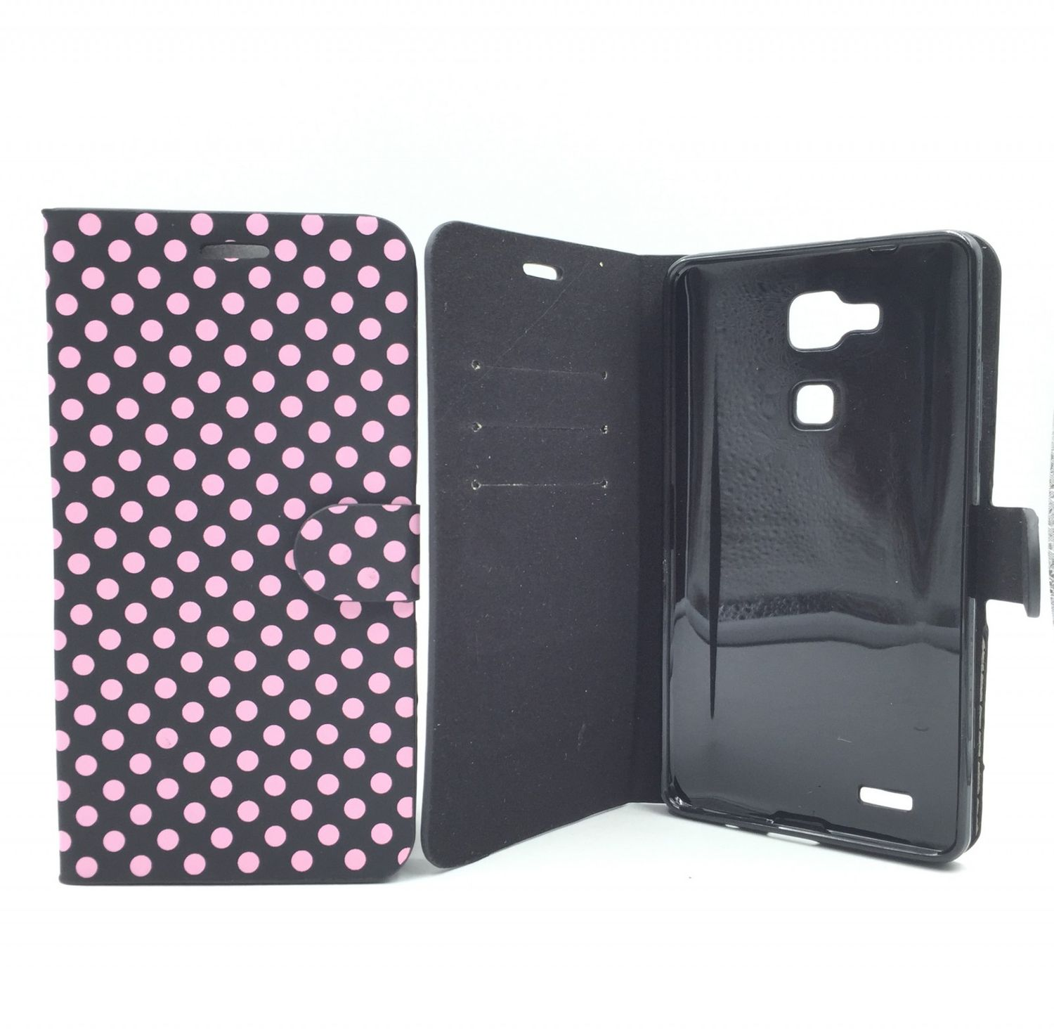 Schwarze Handyhülle mit rosa Punkten, offen. Weißer Hintergrund.