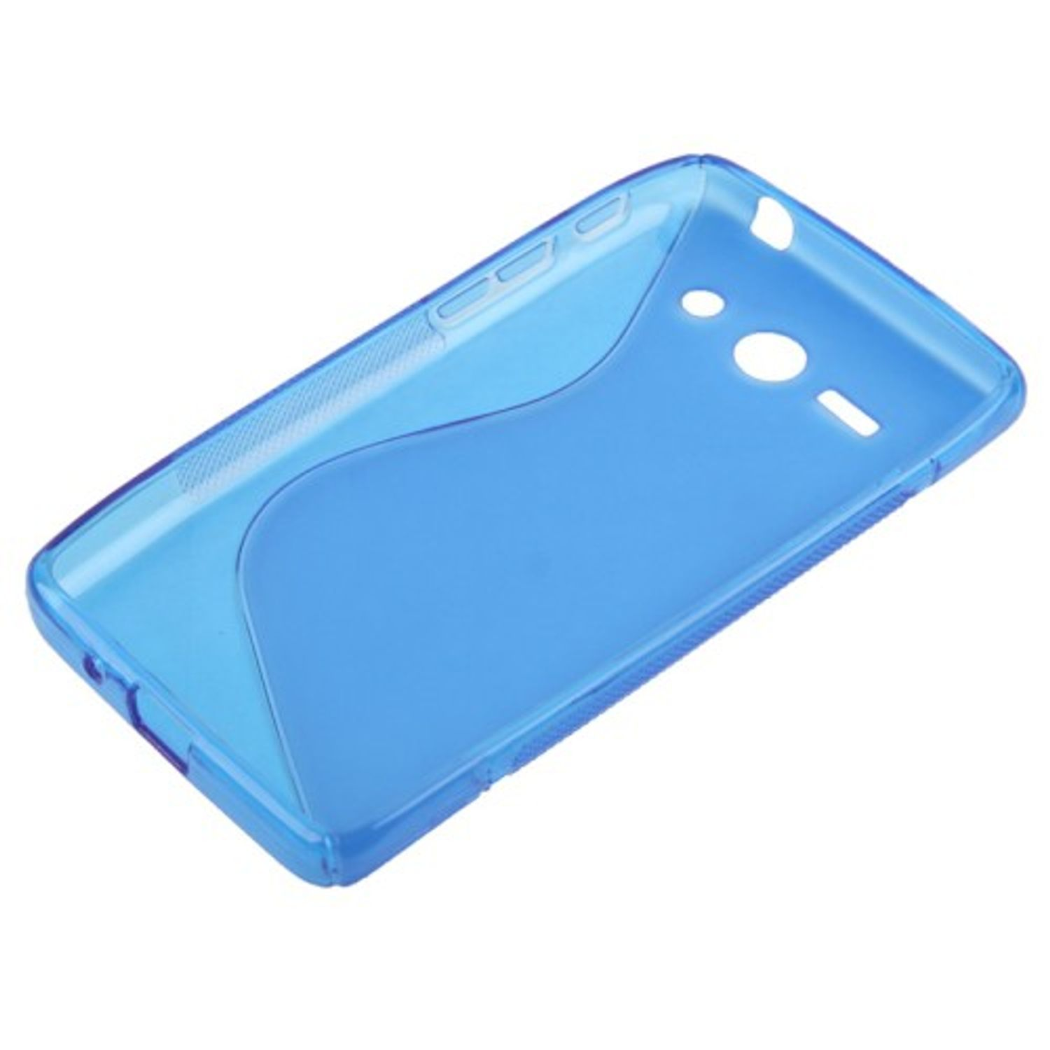 Blaue Handyhülle mit Aussparungen. Weißer Hintergrund.