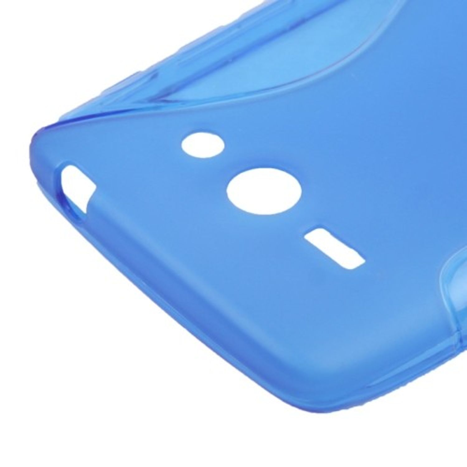 Eine blaue Handyhülle mit Aussparungen für Kamera und Anschlüsse.