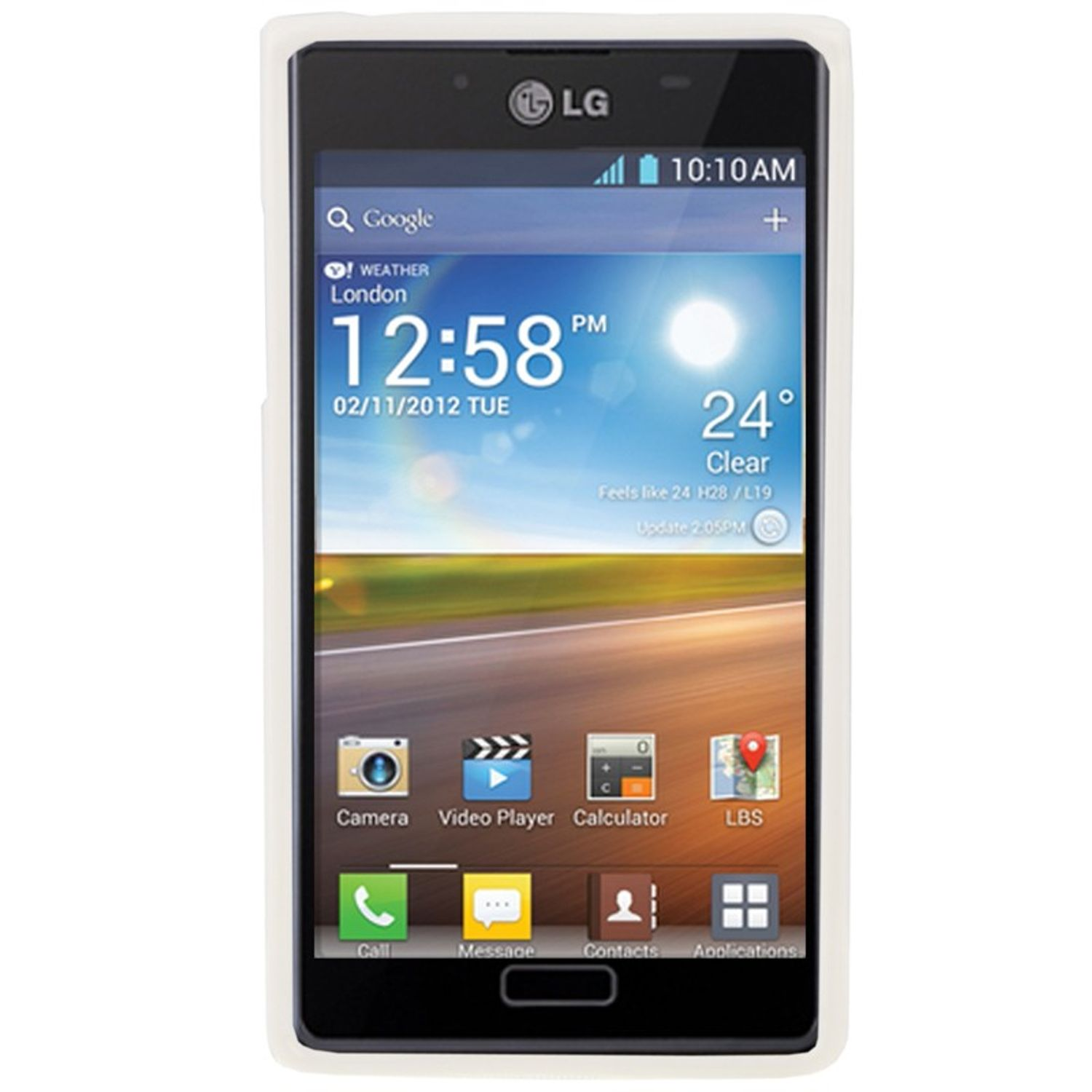 LG-Smartphone mit Wetter, Uhrzeit und App-Symbolen. Es befindet sich in einem weißen Gehäuse.