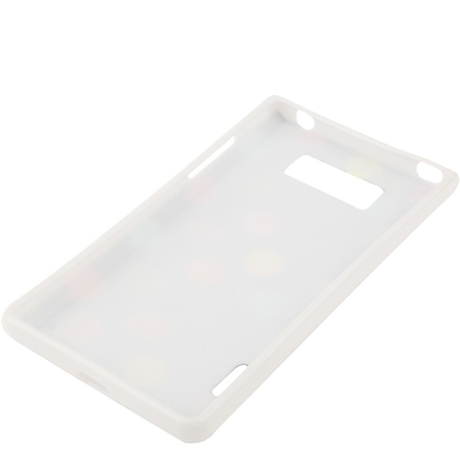 Weißes Handycase. Es hat Ausschnitte für Kamera und andere Funktionen.