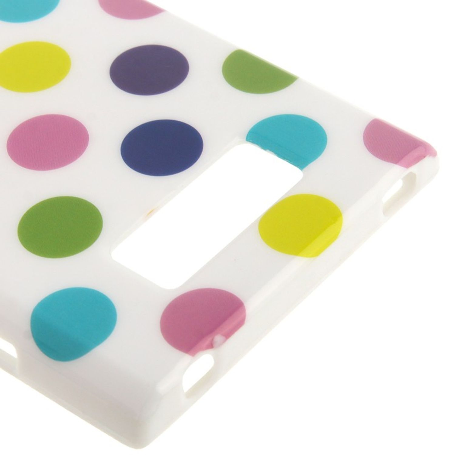 Weiße Handyhülle mit bunten Tupfen: gelb, blau, grün, rosa und lila.