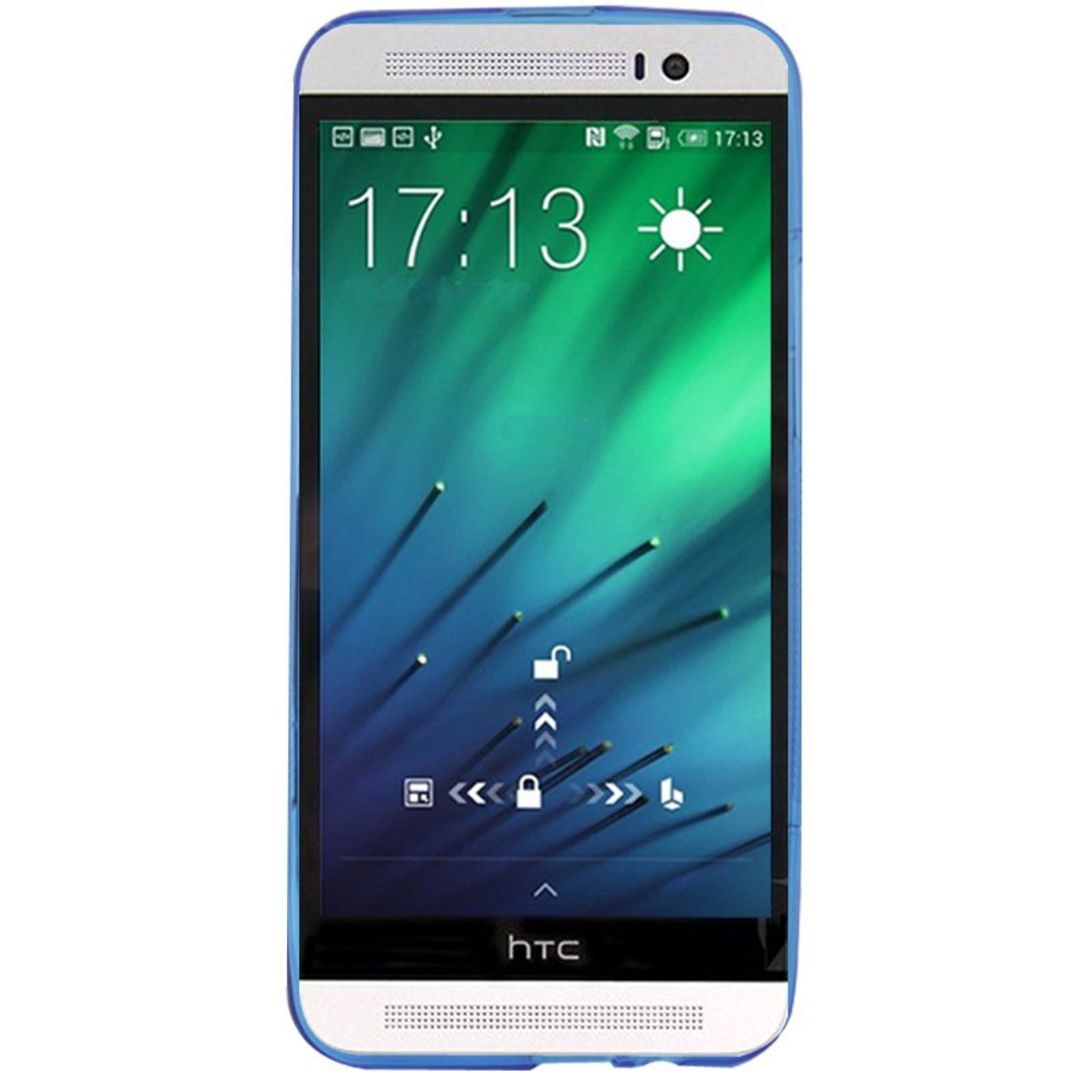 Weißes Telefon mit blauer Hülle, zeigt die Uhrzeit und den Sperrbildschirm. Der Hintergrund ist weiß.