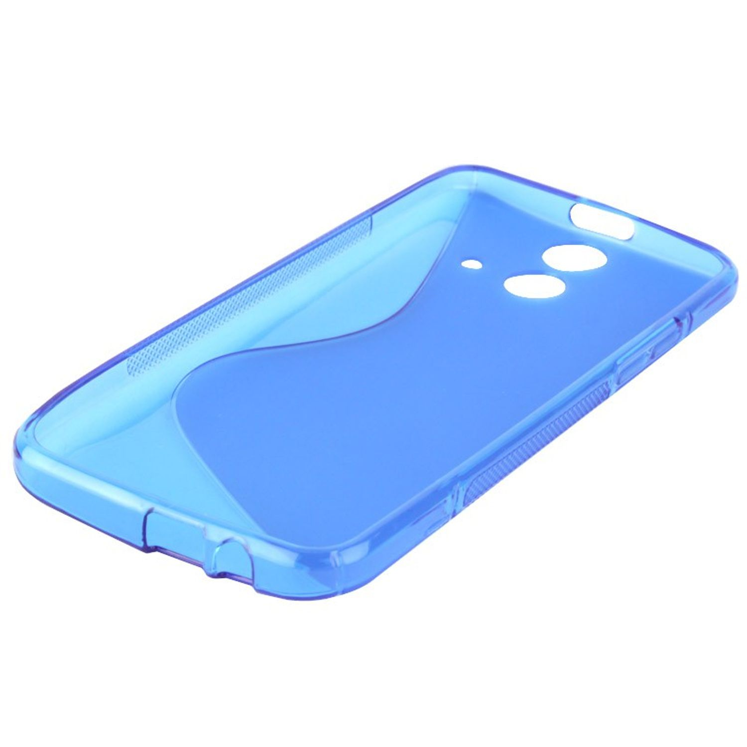 Blaue, transparente Handyhülle. Die Hülle hat Aussparungen für Kamera und Knöpfe des Telefons.
