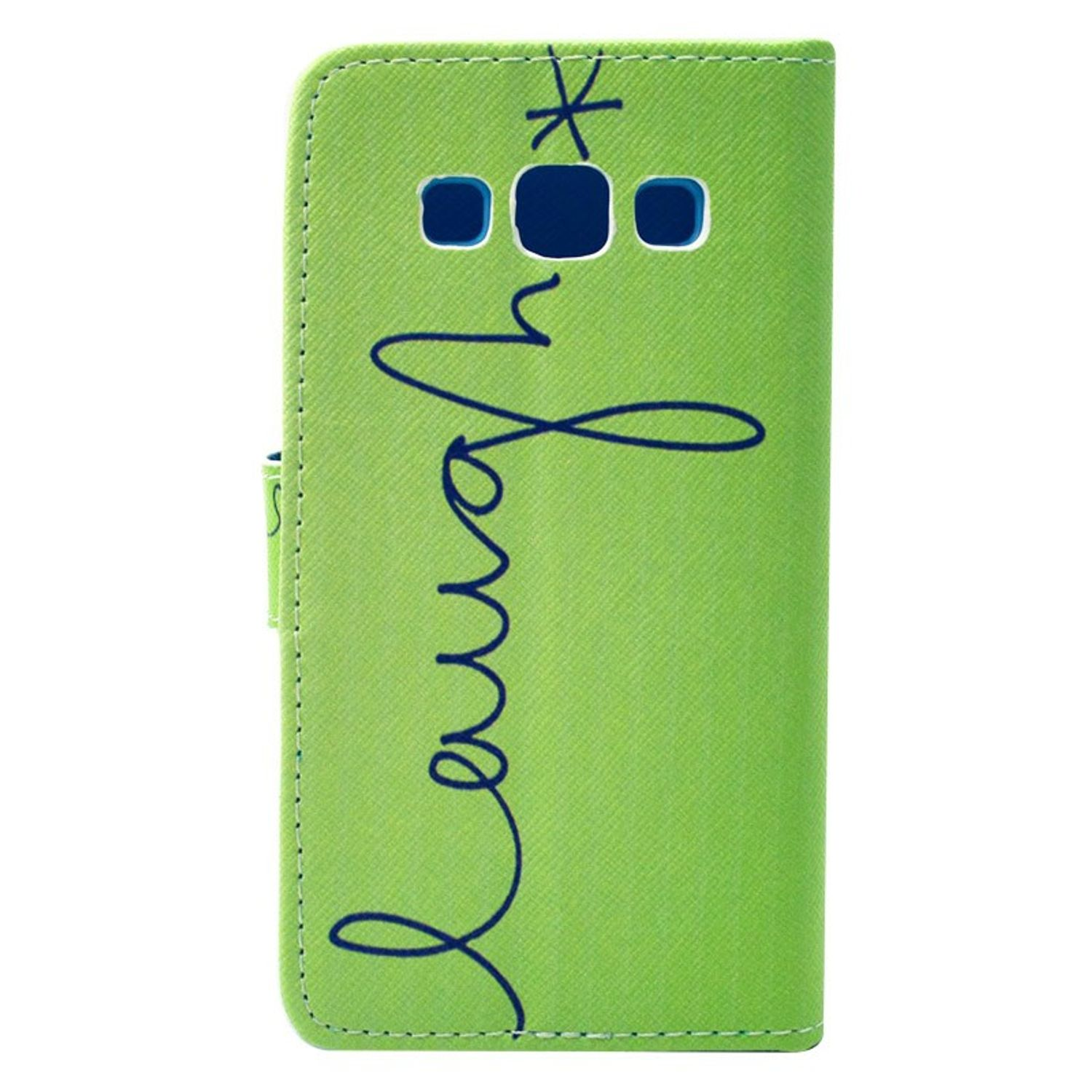 Eine grüne Handyhülle mit handschriftlichem Namen und Stern wird gezeigt.