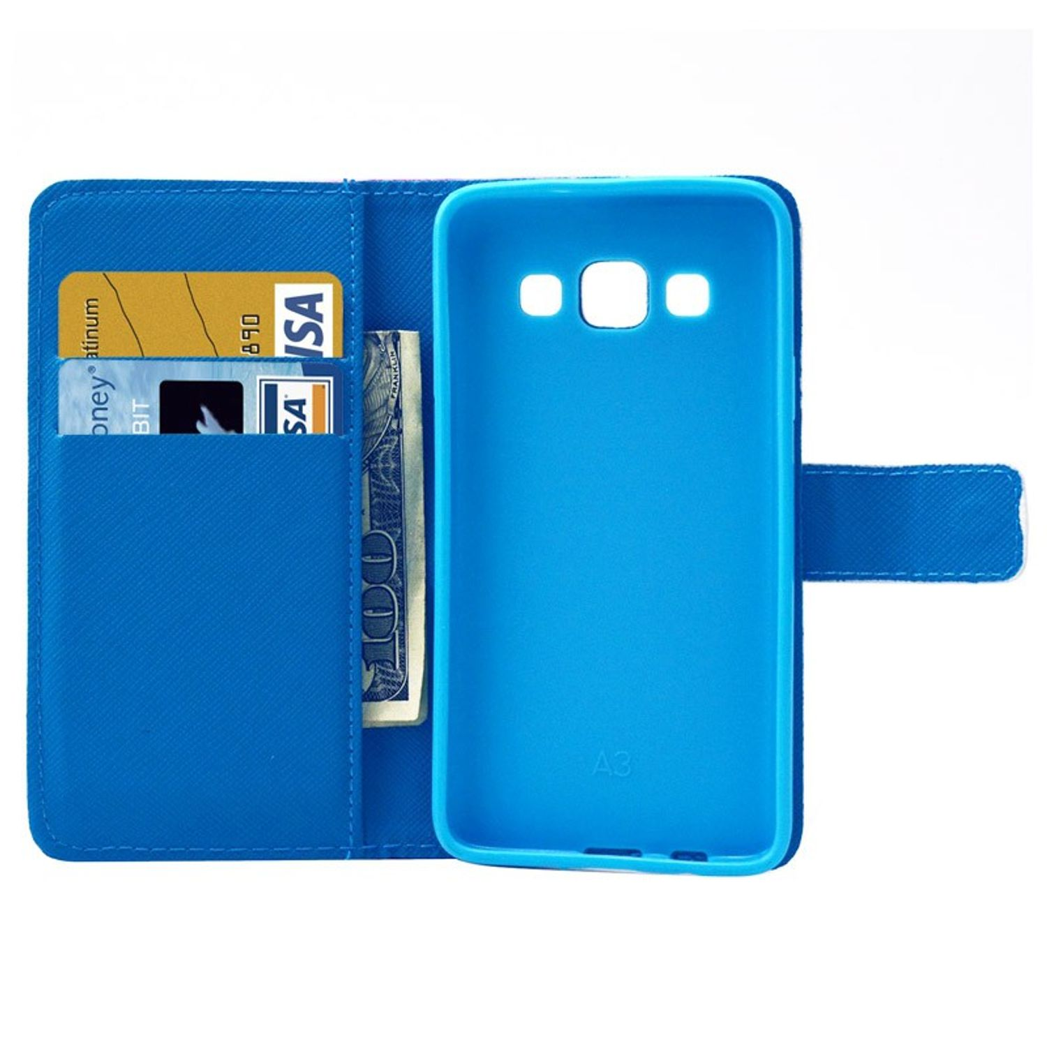 Blaue Handyhülle mit sichtbaren Karten und Geld. Die Hülle ist offen.