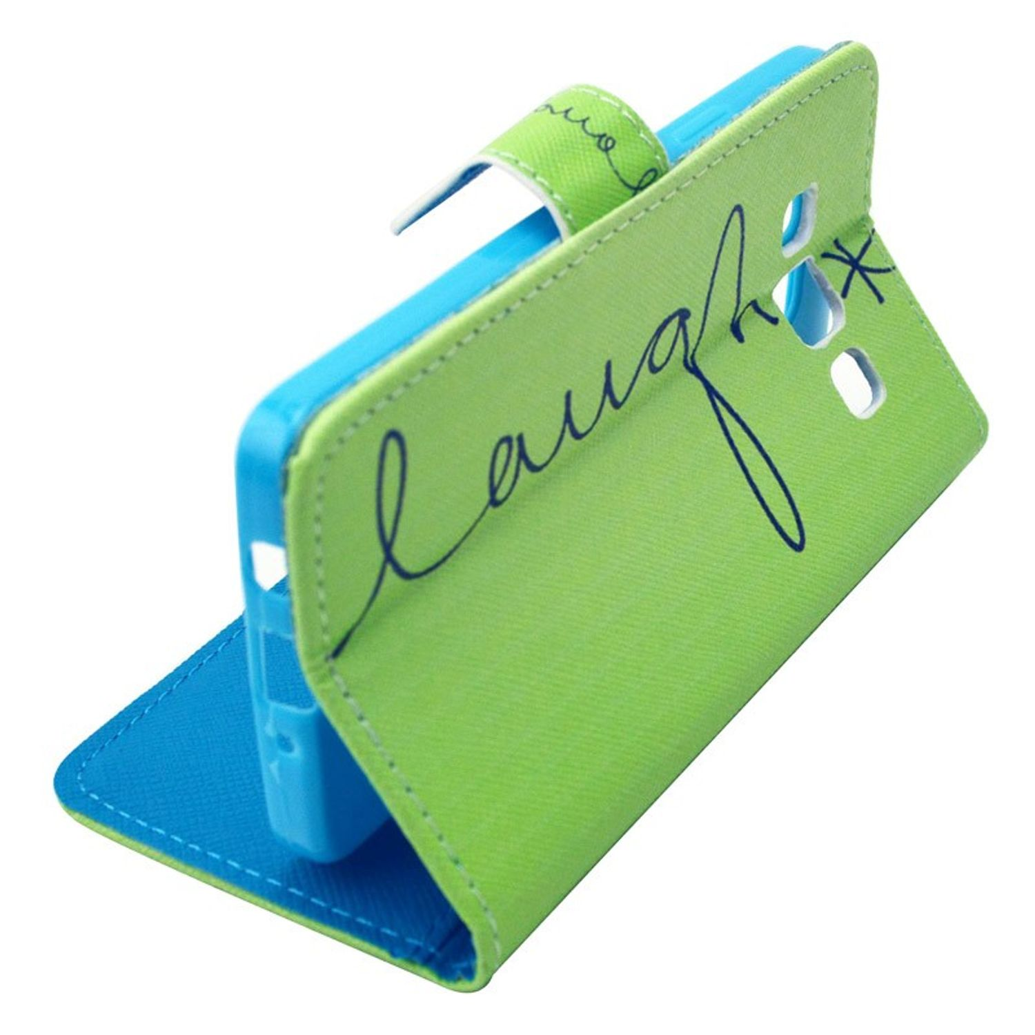 Grüne Handyhülle mit "laugh" darauf. Blaues Telefon. Weißer Hintergrund.