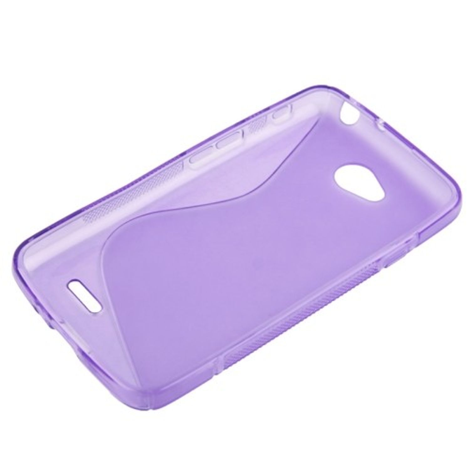 Eine transparente, lila Handyhülle. Sie hat Öffnungen für Kamera und andere Funktionen.