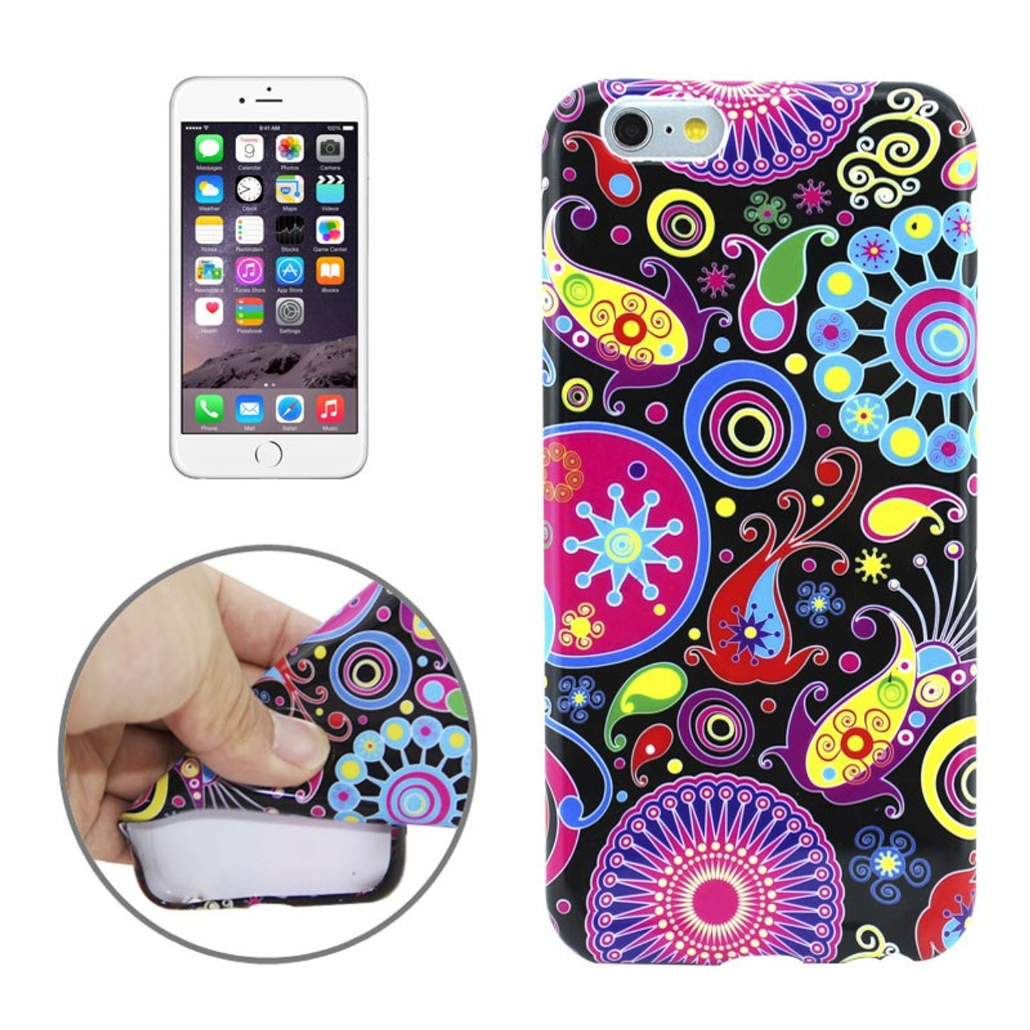 Handyhülle mit farbenfrohem Design. Telefon und Hand sind sichtbar. Weißer Hintergrund.
