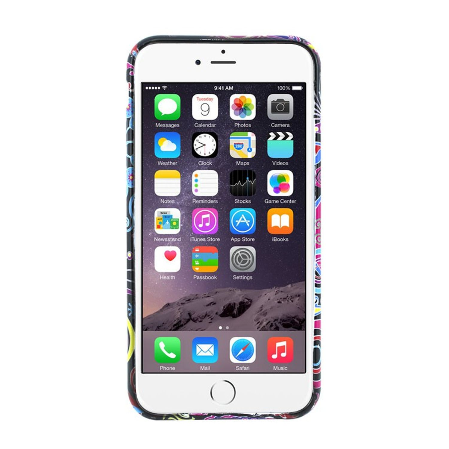 iPhone in Hülle mit vielen App-Symbolen. Telefon zeigt 9:41 Uhr und 100% Akku.
