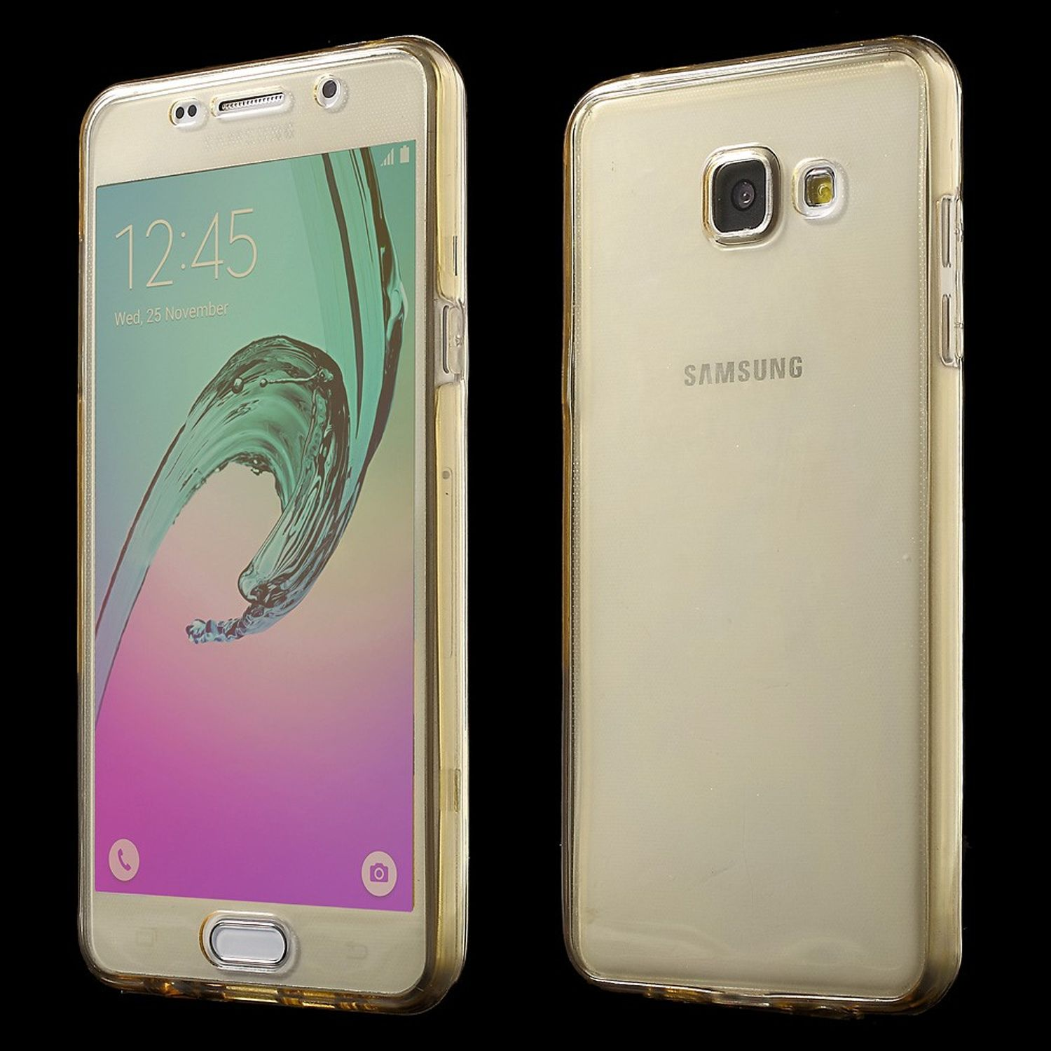Ein goldenes Telefon mit einer durchsichtigen Hülle. Der Bildschirm zeigt einen Farbverlauf.
