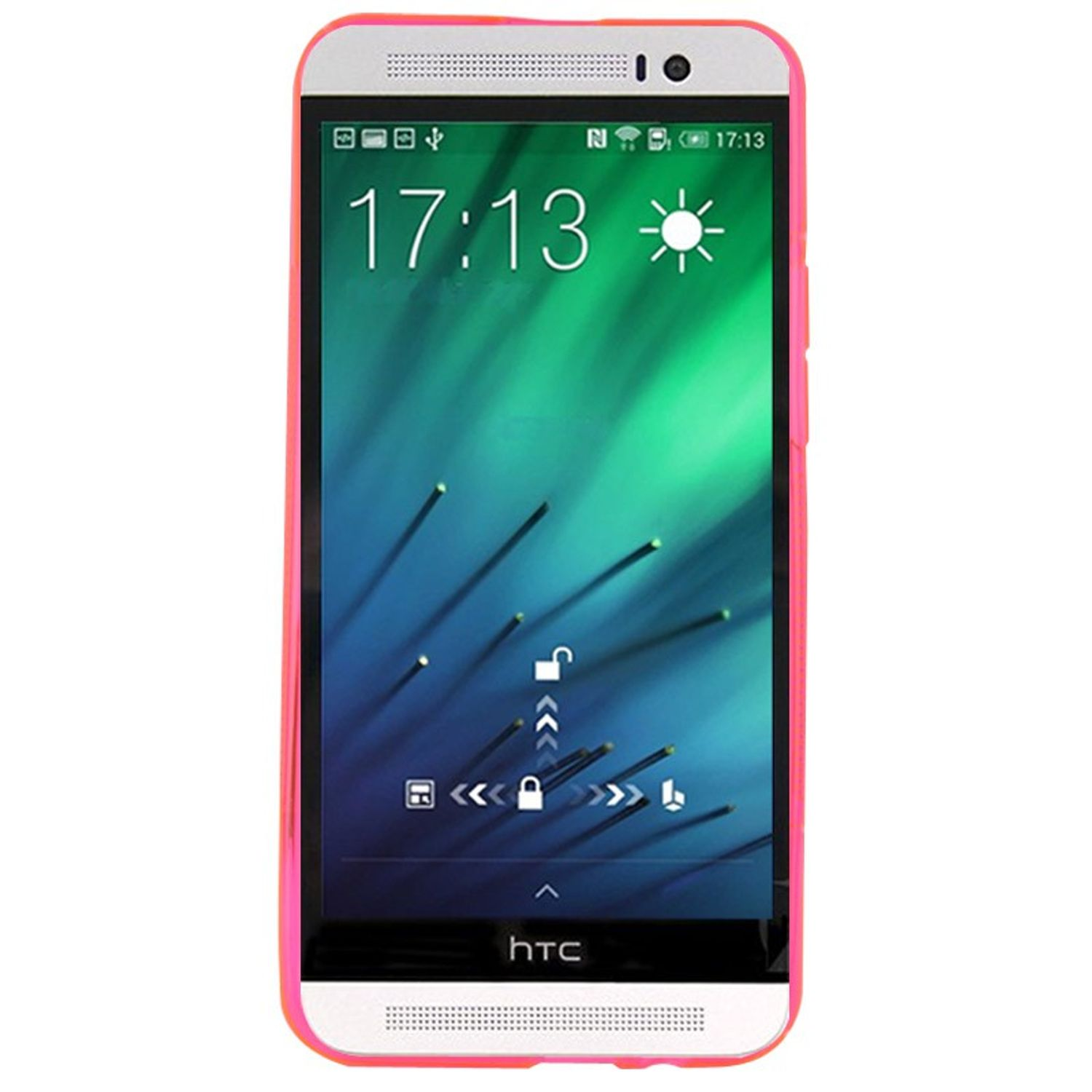 HTC-Telefon mit pinkfarbener Hülle, zeigt die Uhrzeit 17:13. Der Bildschirm hat einen grünen Hintergrund.