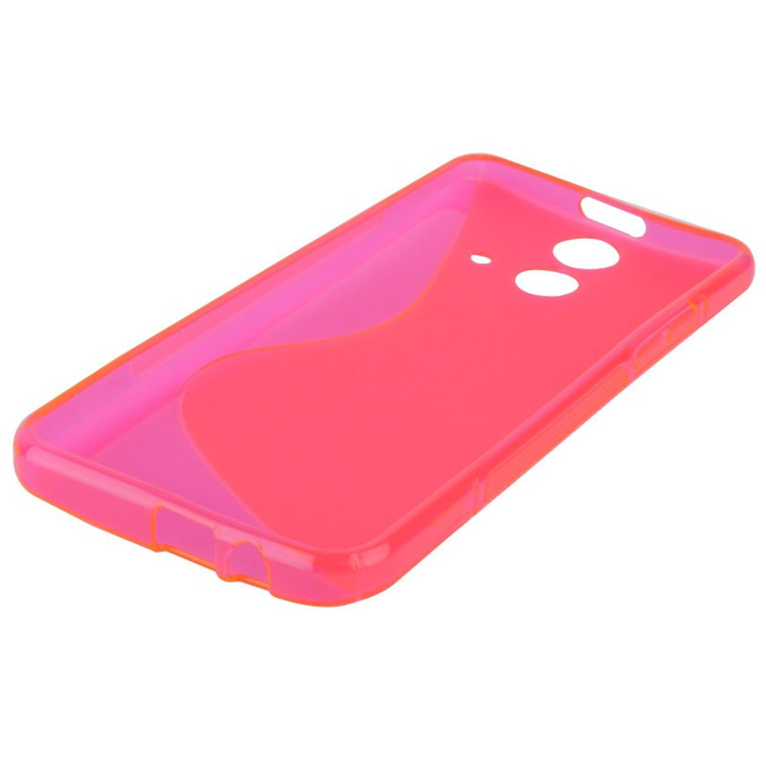Eine transparente, pinkfarbene Handyhülle. Die Hülle hat Öffnungen für die Funktionen des Telefons.