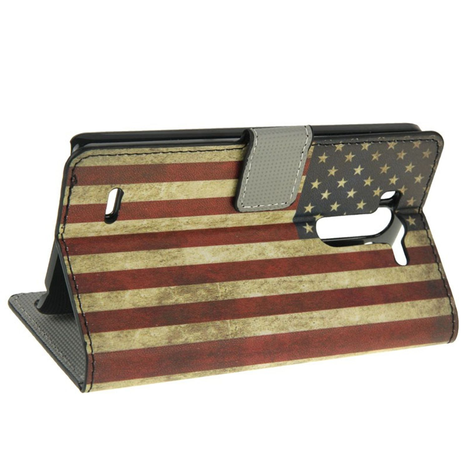 Handyhülle mit USA-Flaggen-Design, offen mit einem Telefon darin.