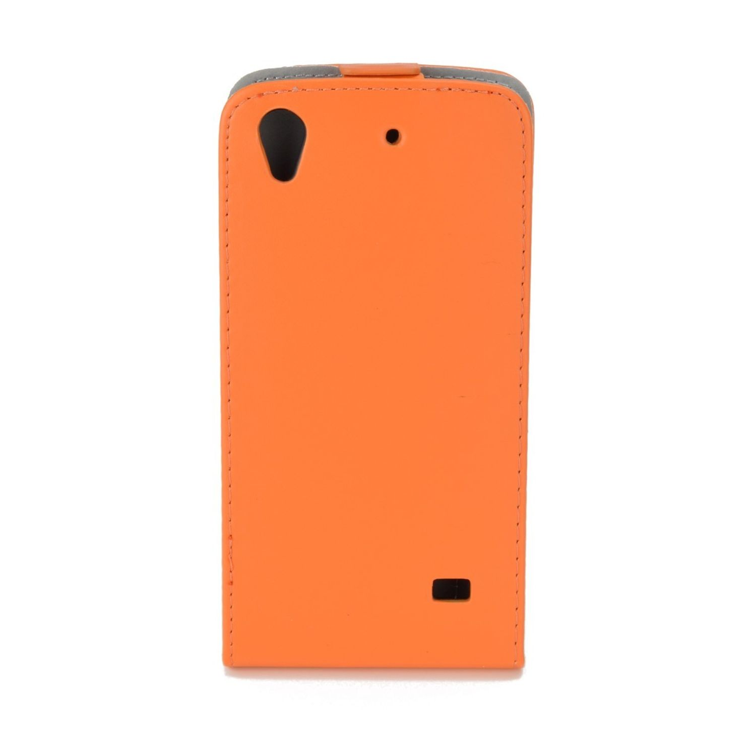 Eine orangefarbene Leder-Handyhülle, geschlossen, mit Aussparungen für Kamera und Knöpfe.