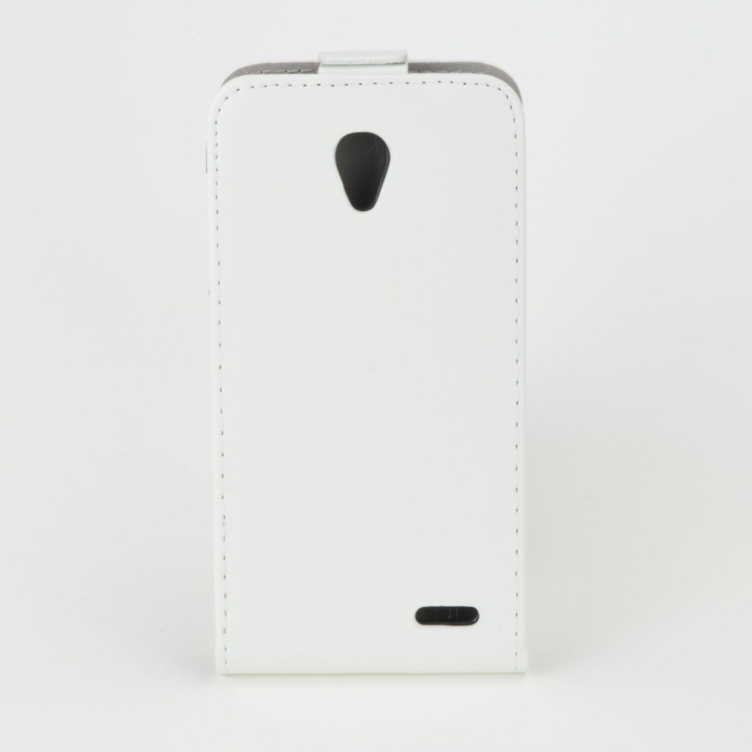 Weißes Handycase mit Loch. Das Case hat ein Loch für Kamera und Lautsprecher.