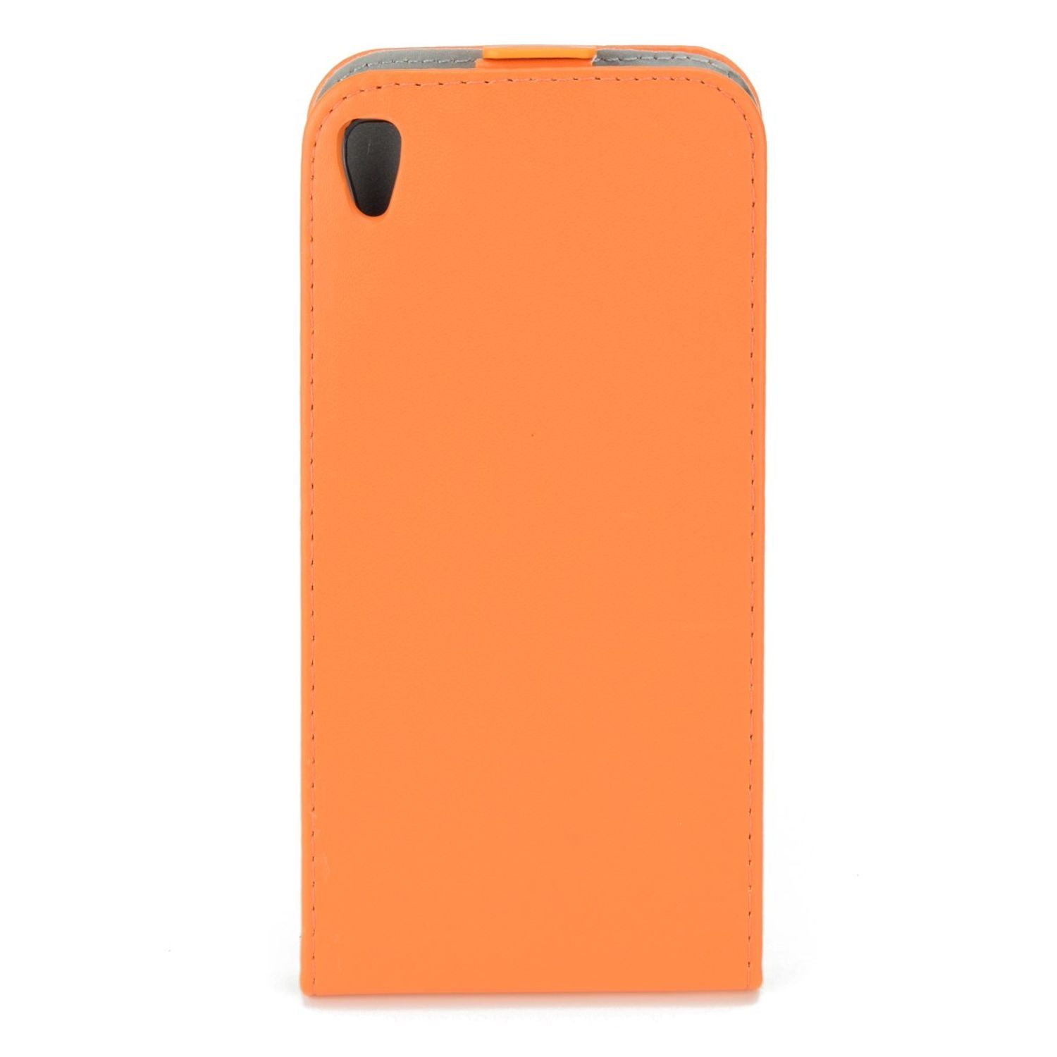 Orangefarbene Handyhülle. Weißer Hintergrund. Lederartiges Material, rechteckige Form, mit Aussparung.