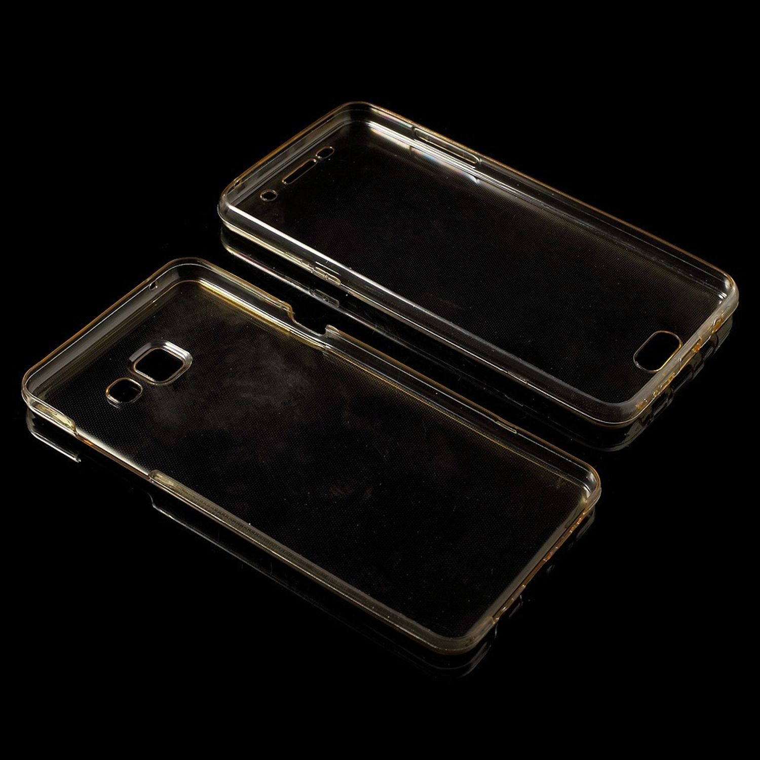 Zwei transparente Handyhüllen auf schwarzem Untergrund. Reflektierender Hintergrund.
