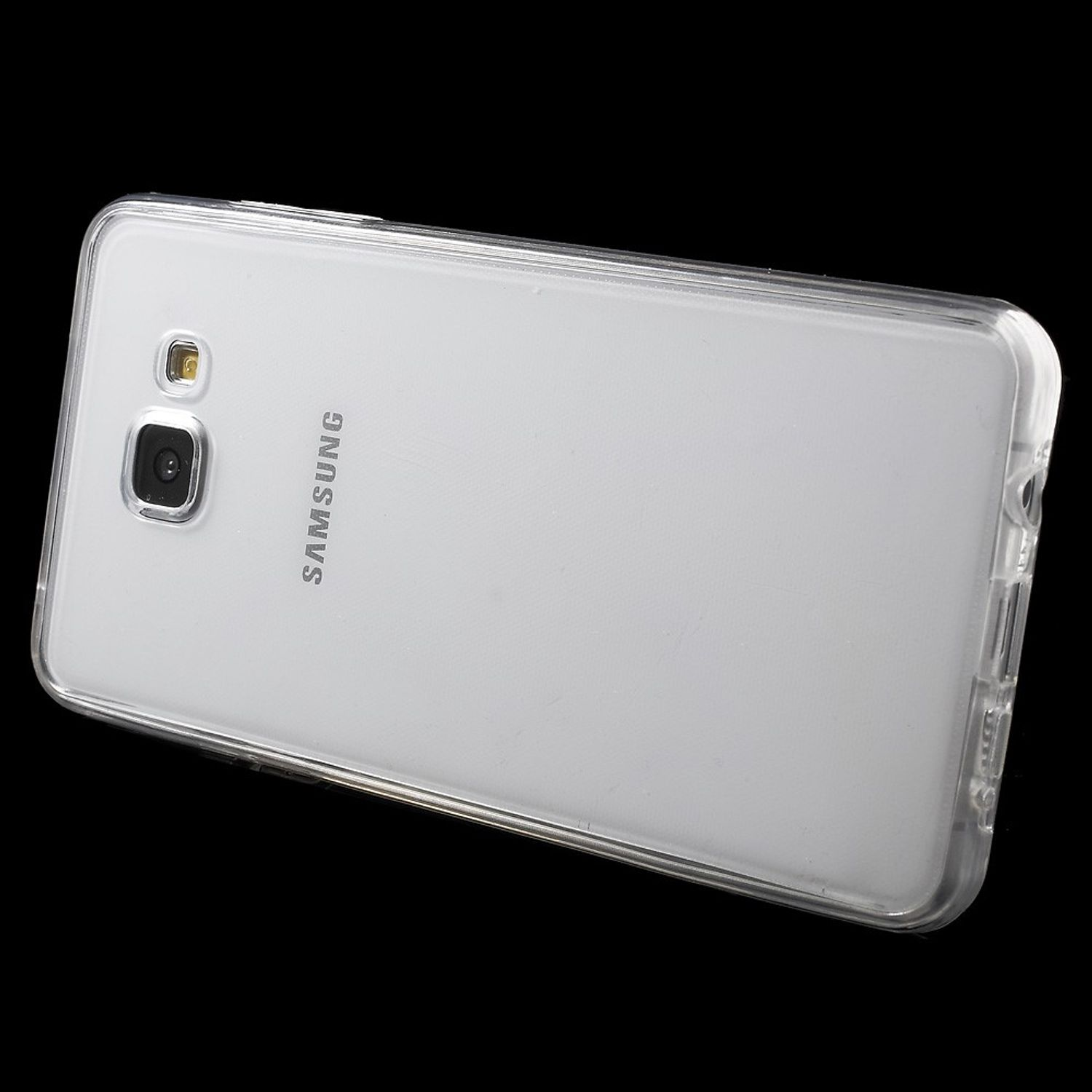 Transparente Handyhülle auf schwarzem Hintergrund. Telefon mit Samsung-Logo.