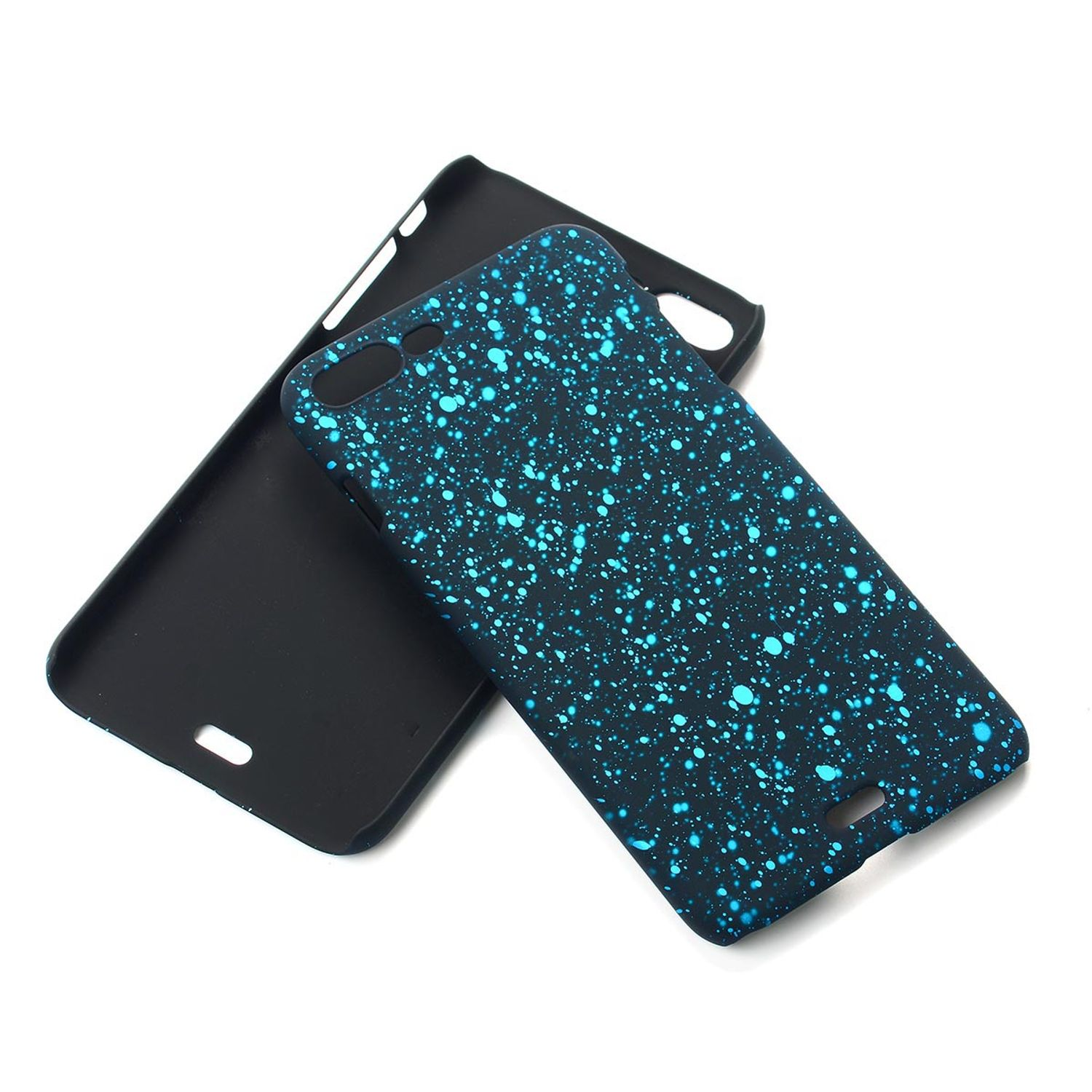 Blaue Handyhülle mit gesprenkeltem Design. Sie hat ein schwarzes Innere und ist offen.
