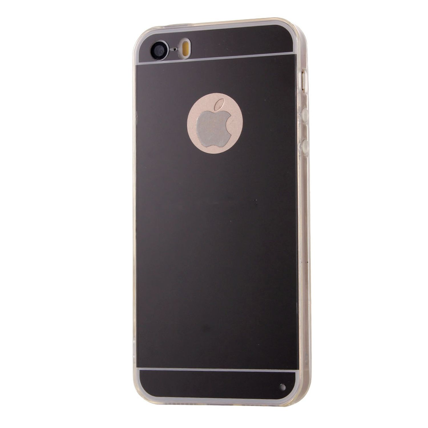 Schwarze Handyhülle mit silbernem Rand, silbernem Apple-Logo, auf reflektierender Oberfläche.