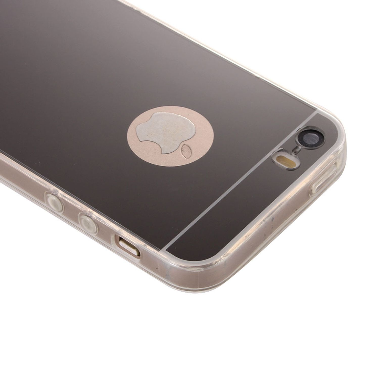 Ein schwarzes Telefon mit goldenem Apple-Logo in einer durchsichtigen Handyhülle, auf weißem Hintergrund.