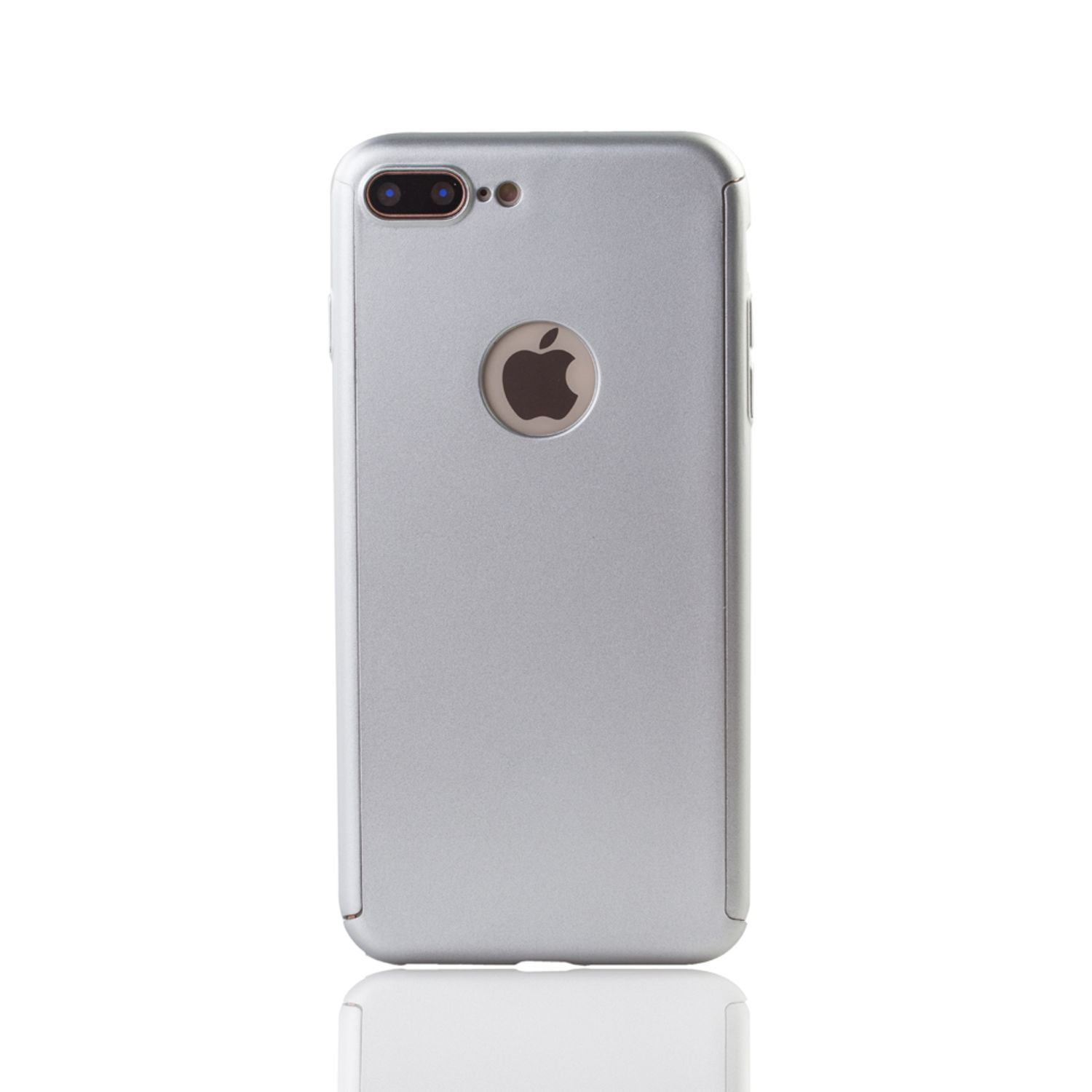 Silberne iPhone-Hülle. Die Rückseite zeigt das Apple-Logo und die Kamera.