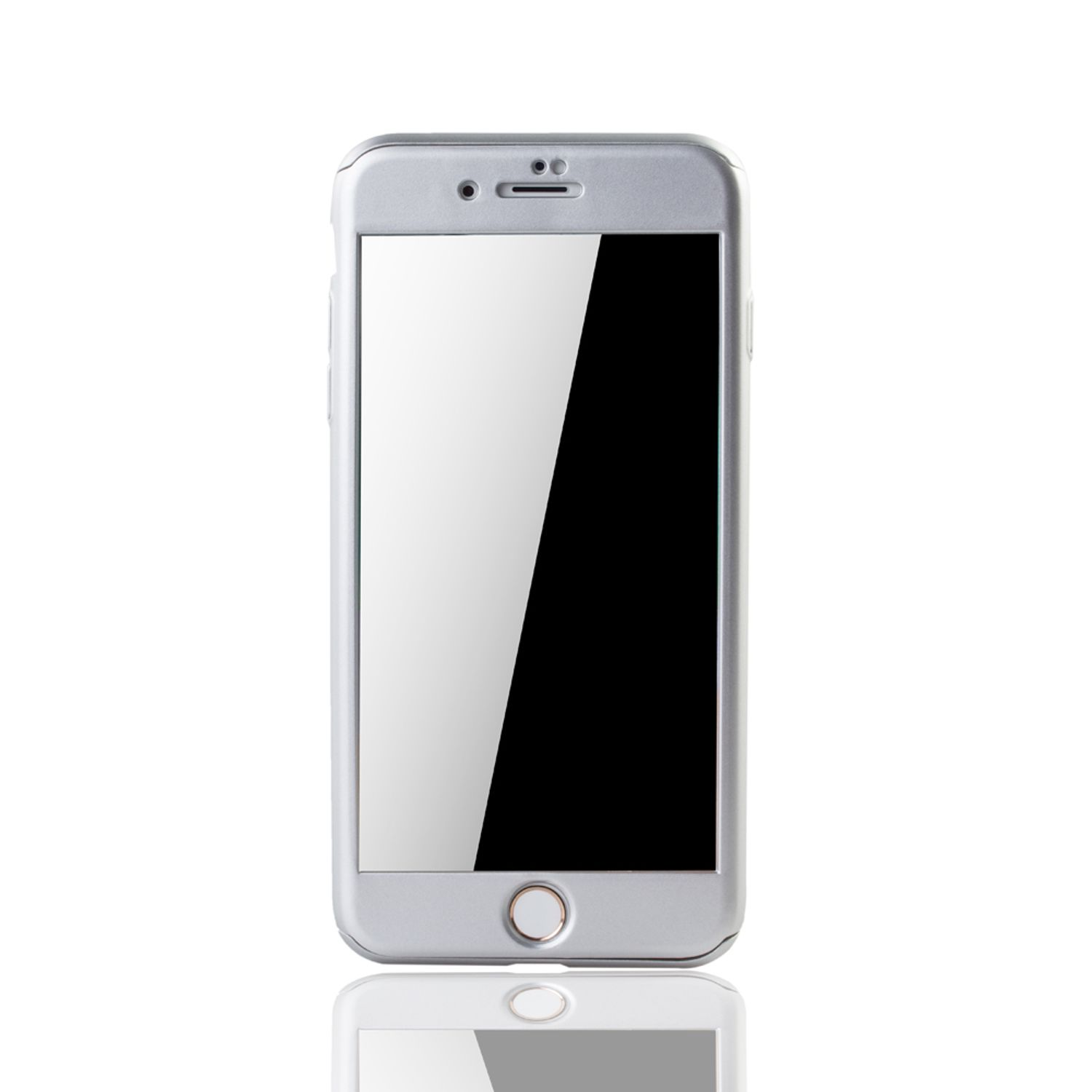 Silbernes Telefon, weißer Bildschirm, Reflexion darunter. Weißer Hintergrund, isoliertes Objekt.