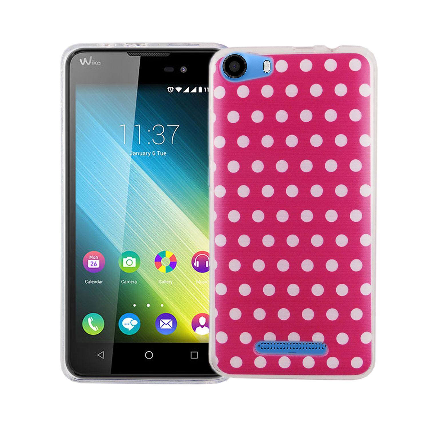 Ein Smartphone mit einer rosa Polka-Dot-Hülle. Das Telefon ist auf der linken Seite sichtbar.