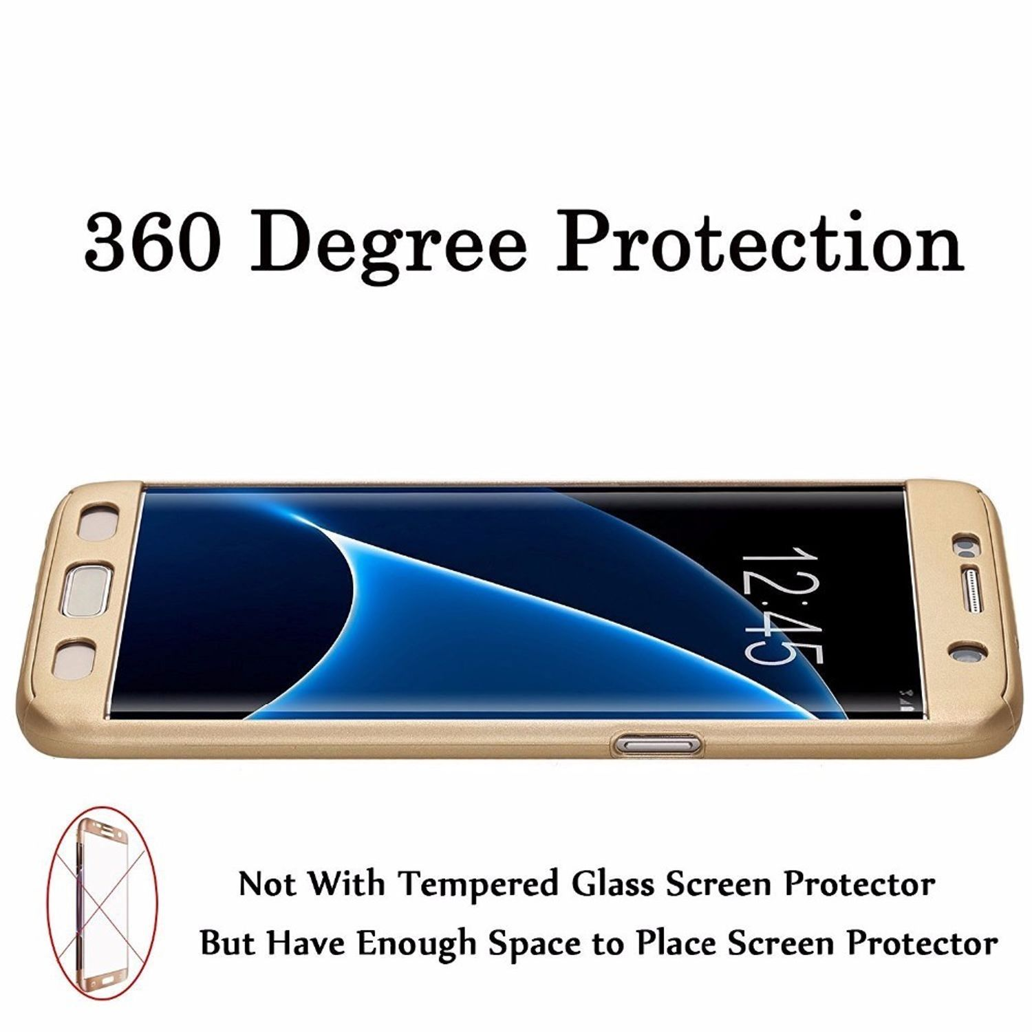 Eine goldene Handyhülle mit einem Telefon darin. Der Text lautet: '360 Grad Schutz' und 'Nicht mit gehärtetem Glas...'