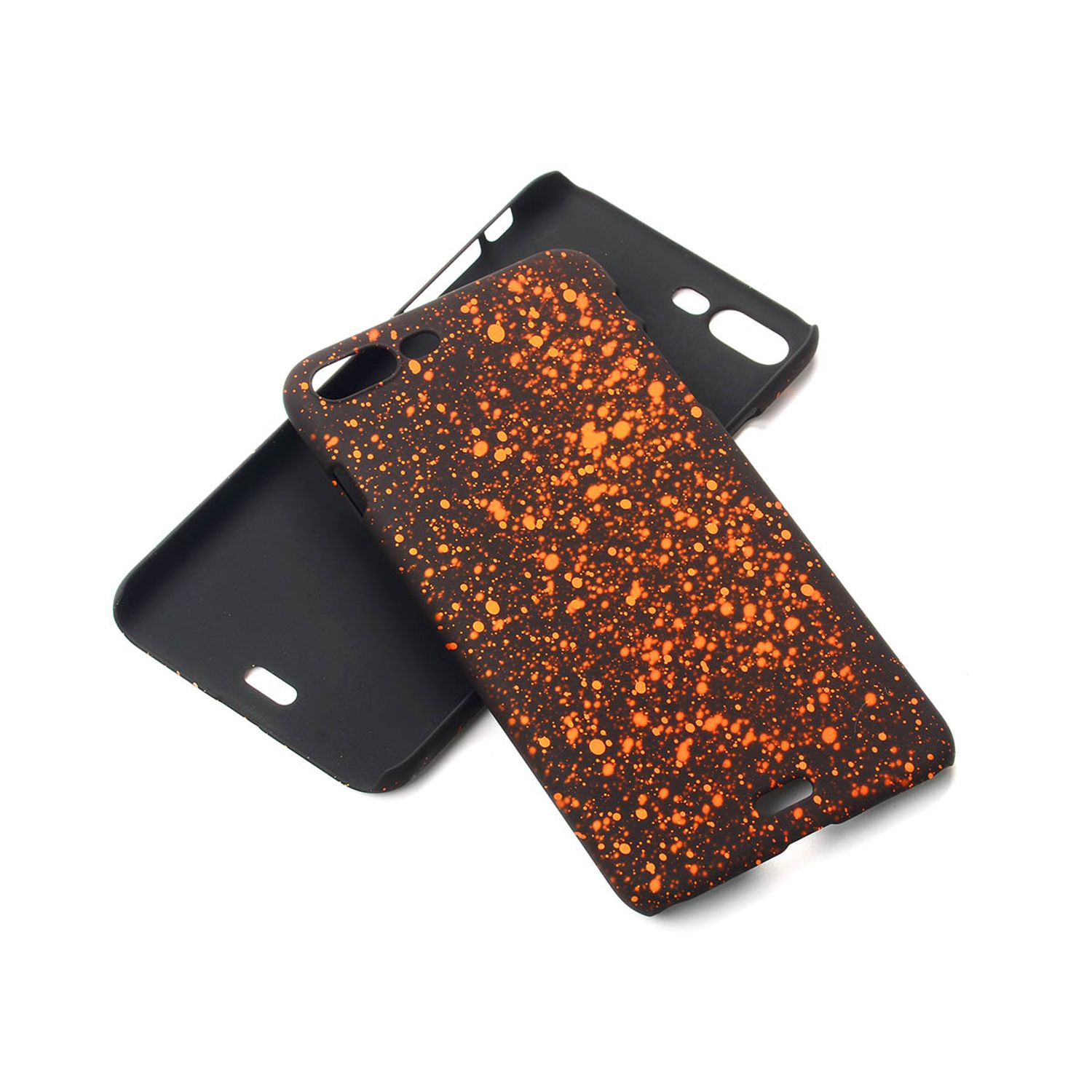 Handyhülle mit orangefarbenem Spritzdesign.