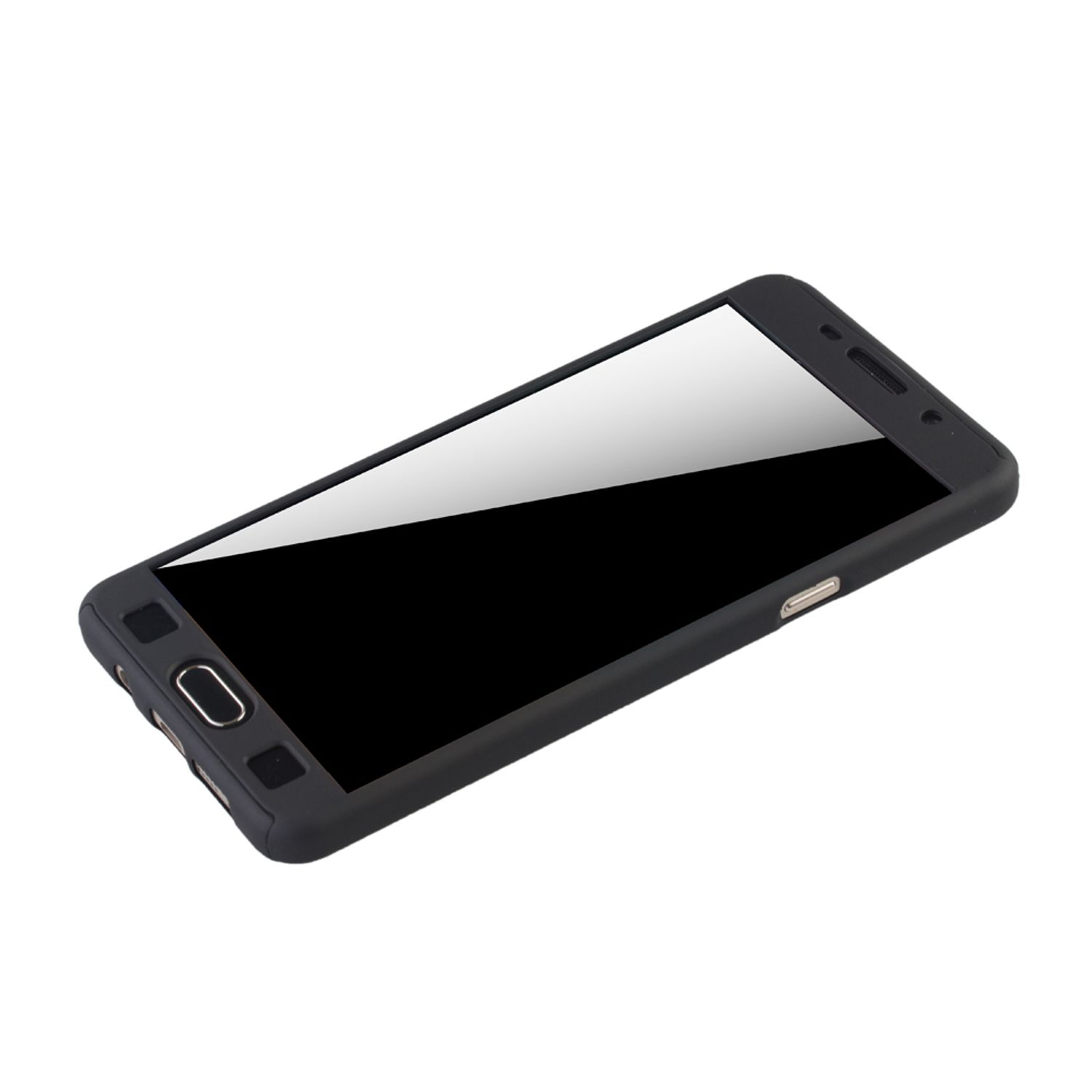 Schwarzes Telefon in schwarzer Hülle. Der Bildschirm ist an, Kamera sichtbar.