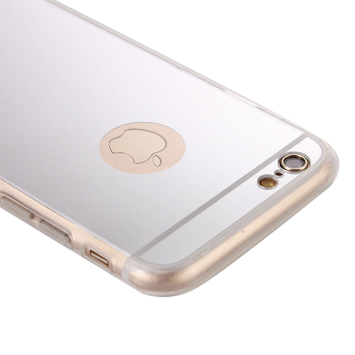 Eine Telefonrückseite mit Spiegelfinish, mit goldenem Ring um die Kamera und weißem Hintergrund.