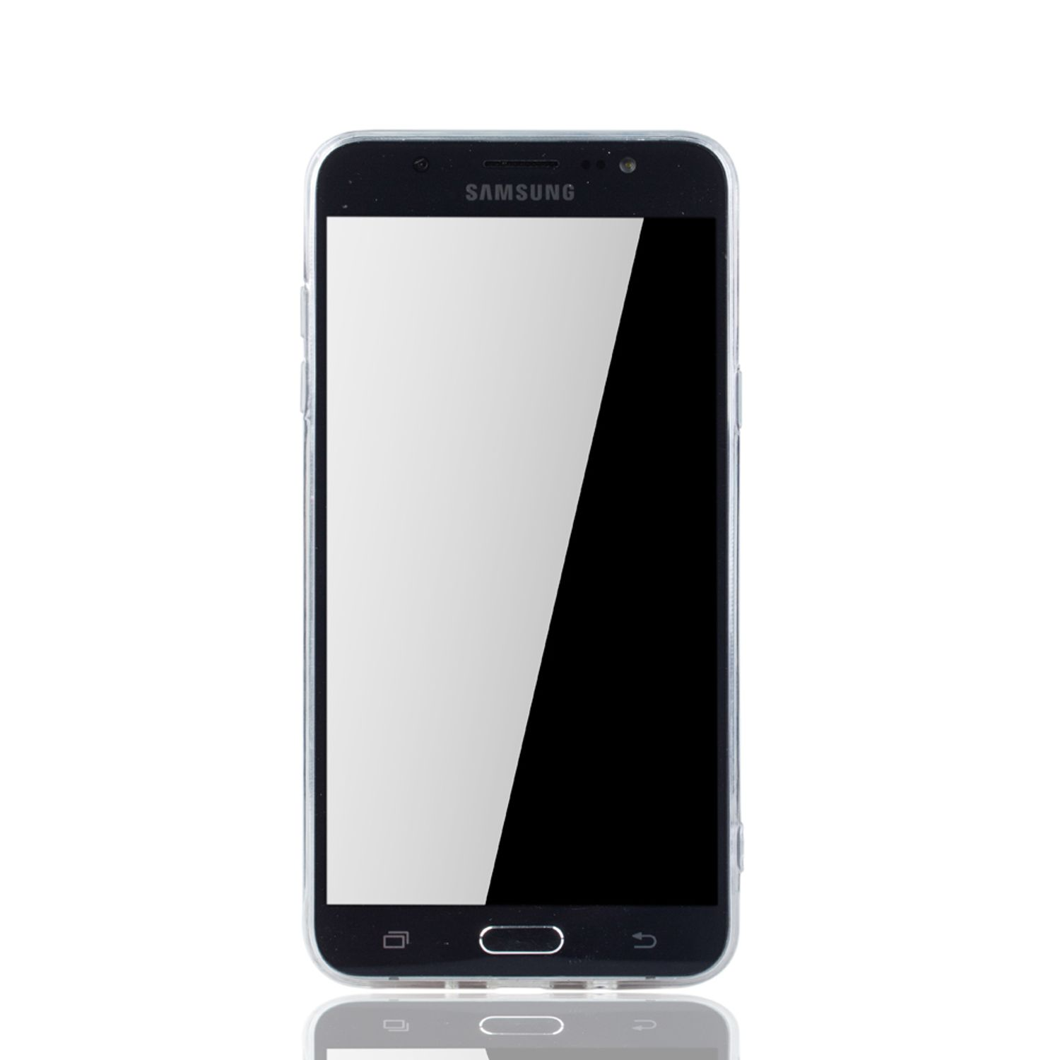 Ein schwarzes Smartphone in einer durchsichtigen Schutzhülle vor weißem Hintergrund. Bildschirm ist leer.