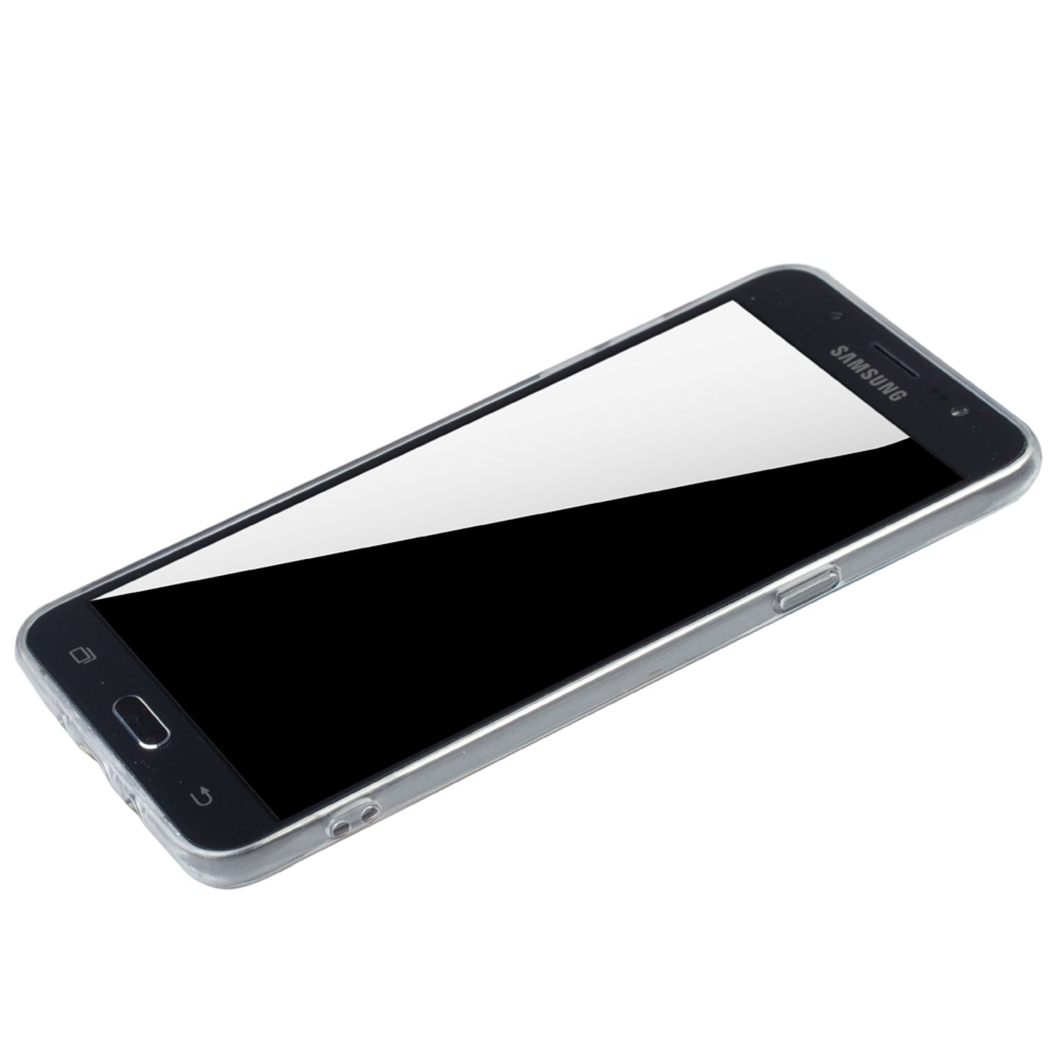 Schwarzes Smartphone auf weißem Hintergrund, leicht angewinkelt, zeigt den Bildschirm.