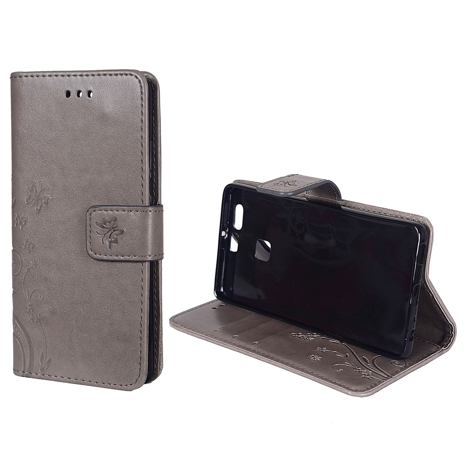Eine graue Leder-Handyhülle mit floralem Design. Die Hülle ist offen, mit einem Telefon darin.