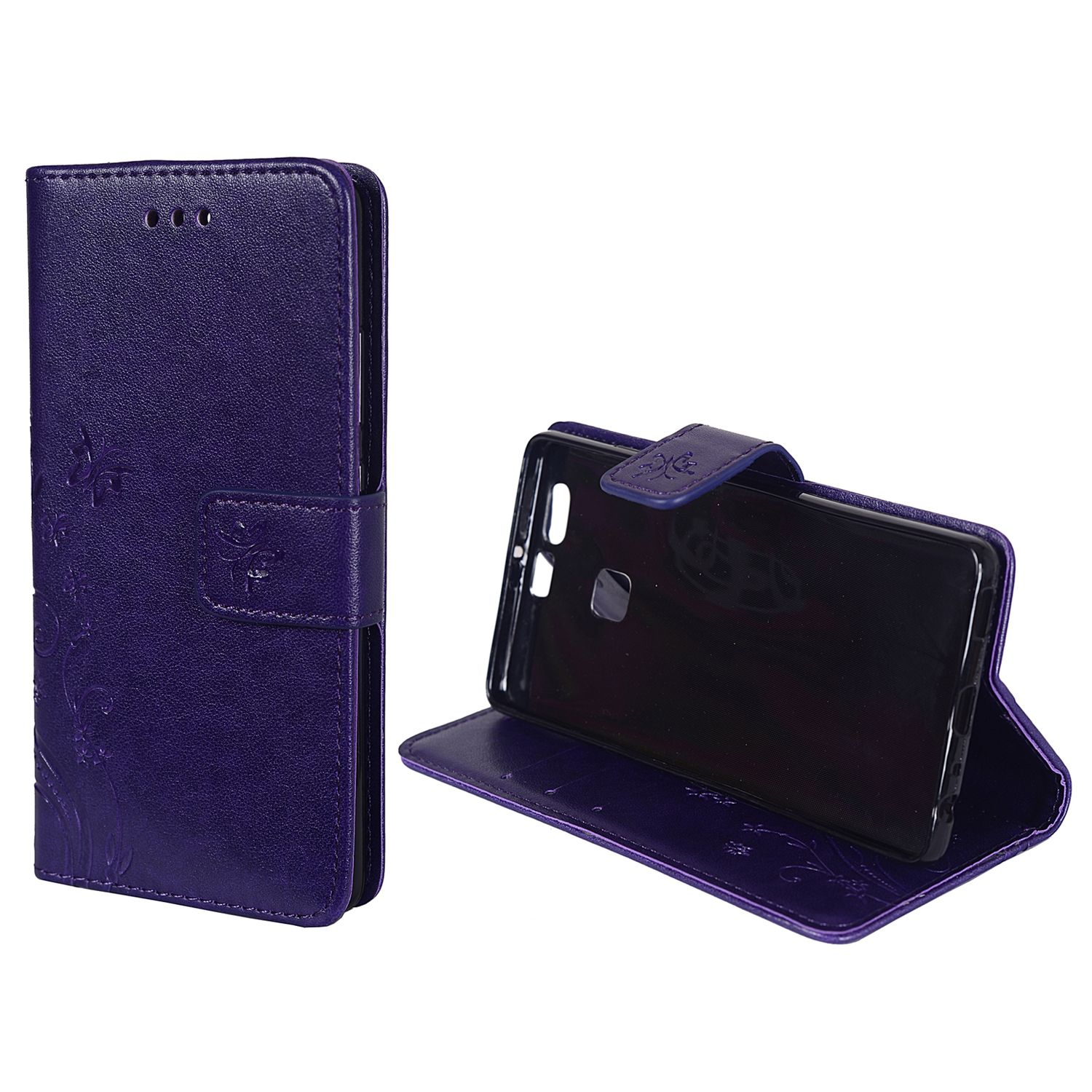 Lila Handyhülle mit floralem Design, Telefon geöffnet.